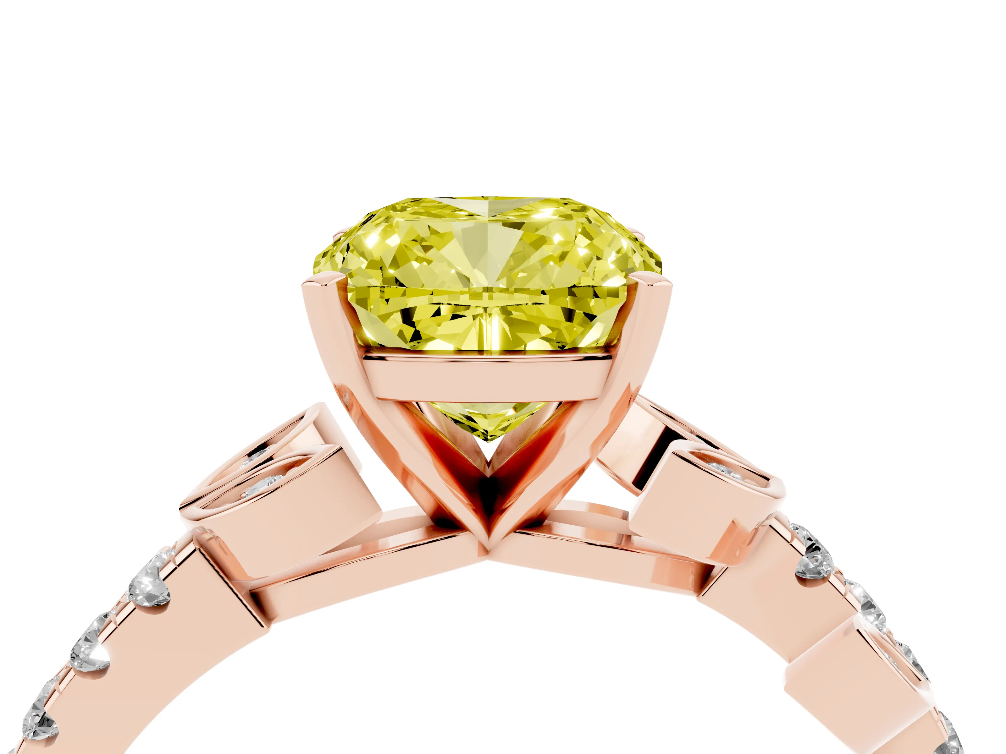 Fancy Yellow Cushion Cut Diamond Solitaire Leaf-Inspired Ring Set in Rose gold with Pavé Band and Prong Setting