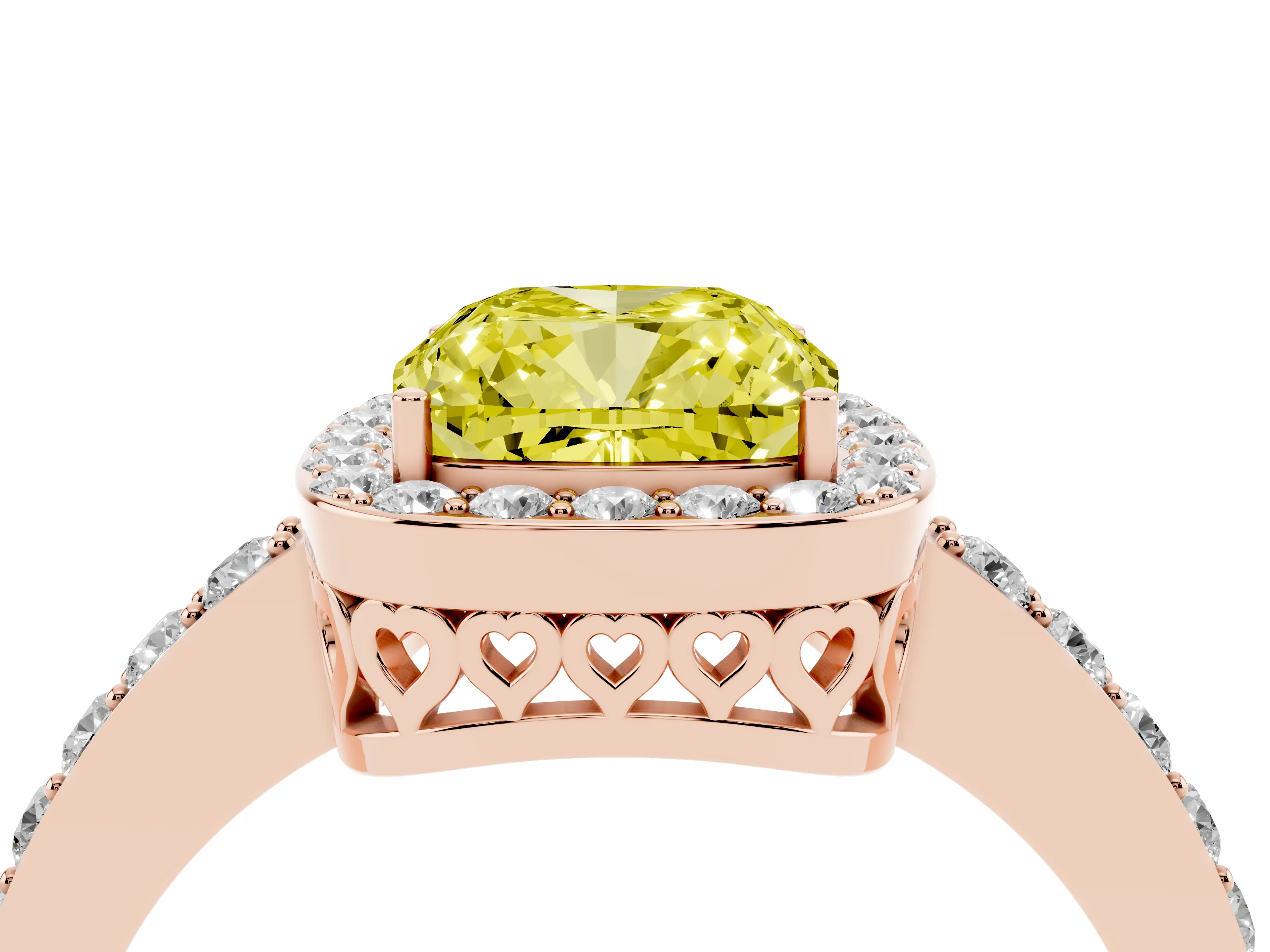 Fancy Yellow Cushion Cut Diamond Halo Ring Set in Rose gold with Pavé-Setting Band and Open Prong Center