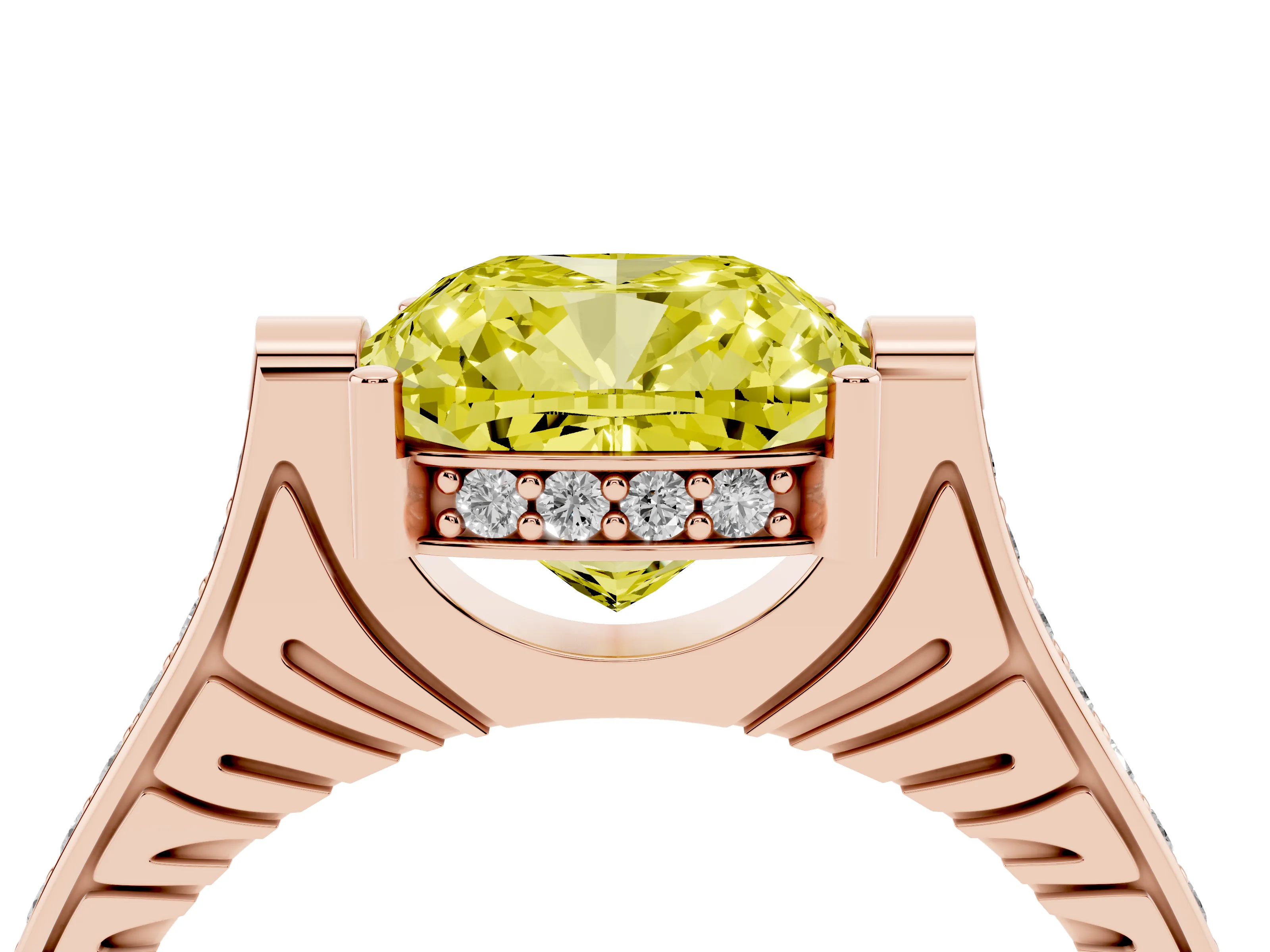 Fancy Yellow Cushion Cut Diamond Solitaire Ring Set in Rose gold with Channel Set Band and Bezel Prong Setting