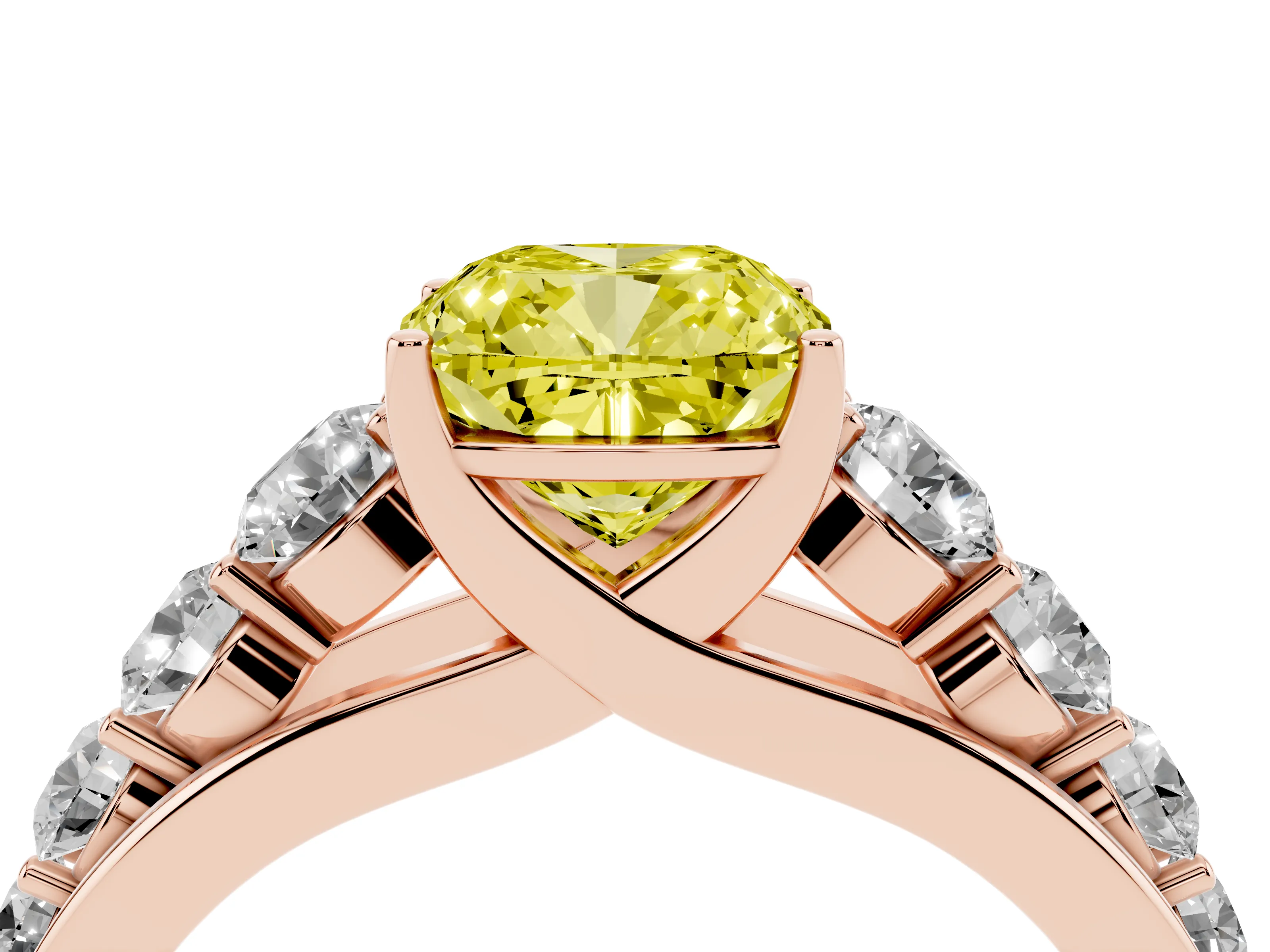 Fancy Yellow Cushion Cut Diamond Solitaire Ring Set in Rose gold with Pavé-Set Band and Prong Setting