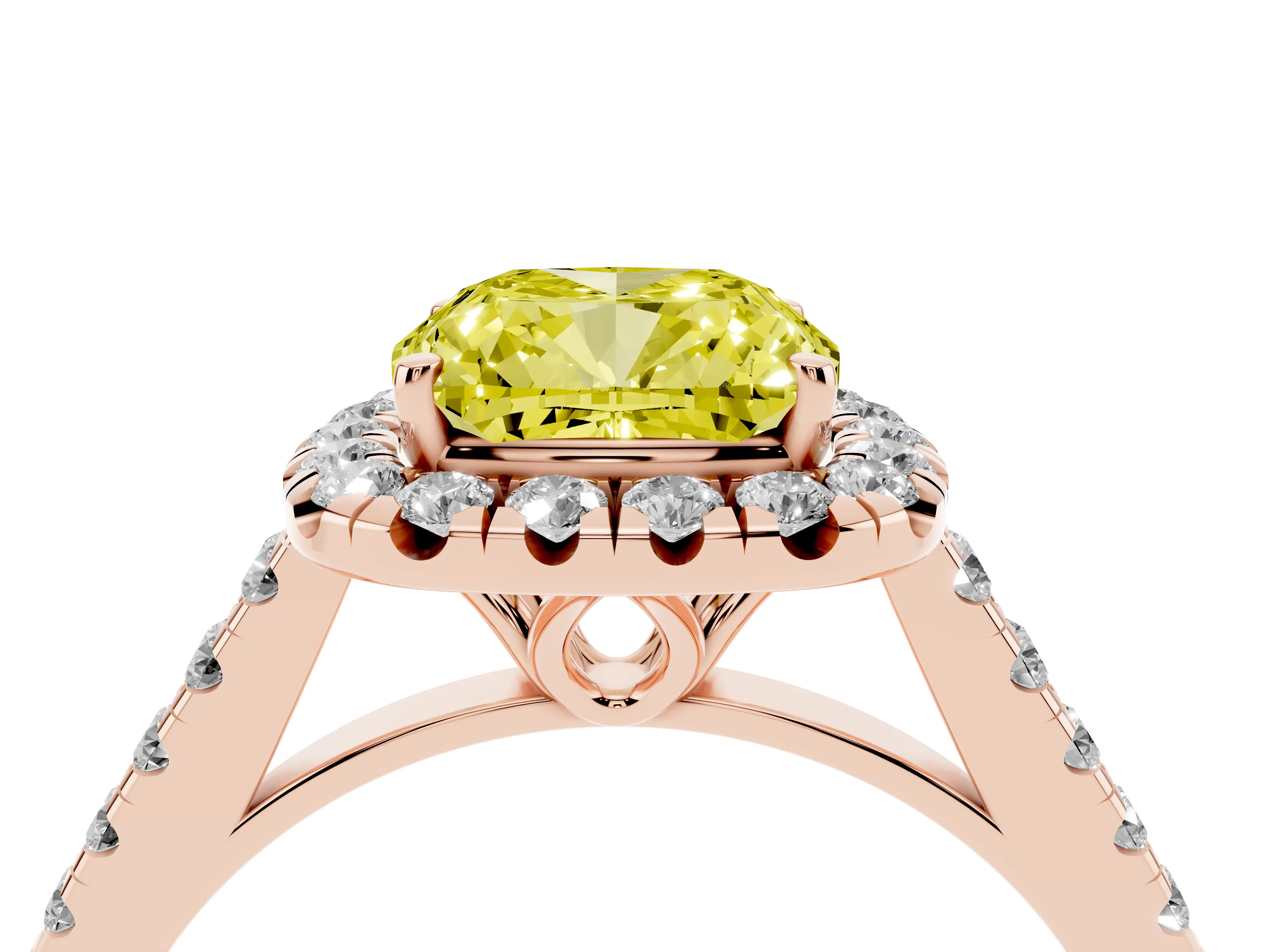 Fancy Yellow Cushion Cut Diamond Pavé Halo Engagement Ring Set in Rose gold with Pavé Band and Prong Setting