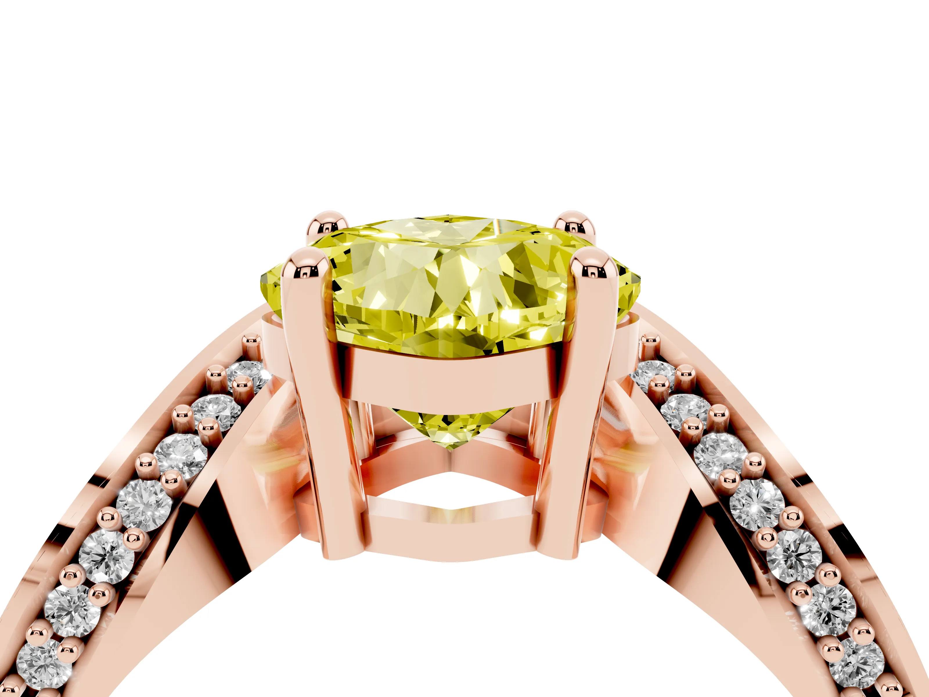 Fancy Yellow Cushion Cut Diamond Solitaire Engagement Ring Set in Rose gold with Pavé Shoulders