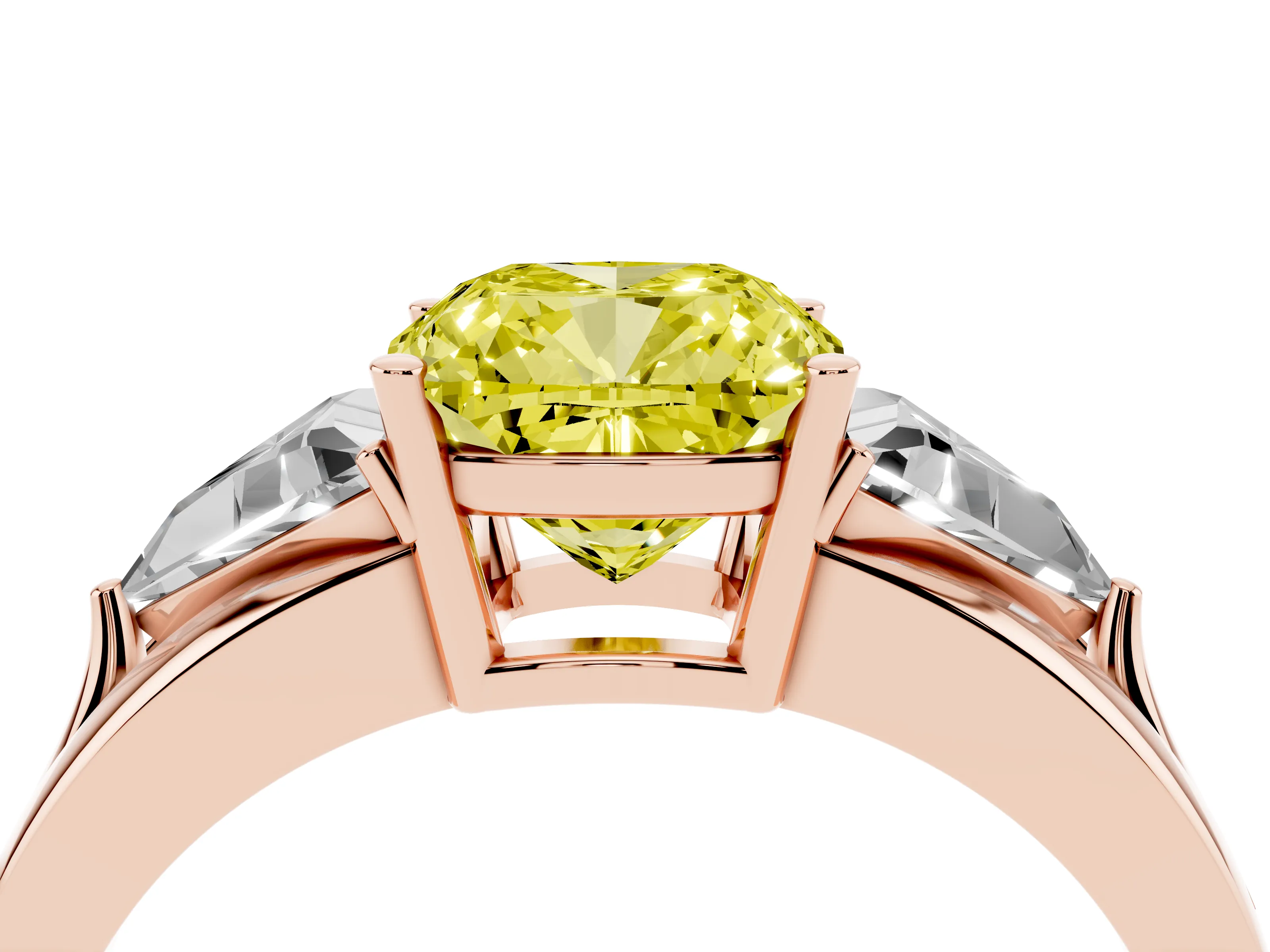Fancy Yellow Cushion Cut Diamond Three-Stone Ring Set in Rose gold with Trillion Side Stones and Split Shank