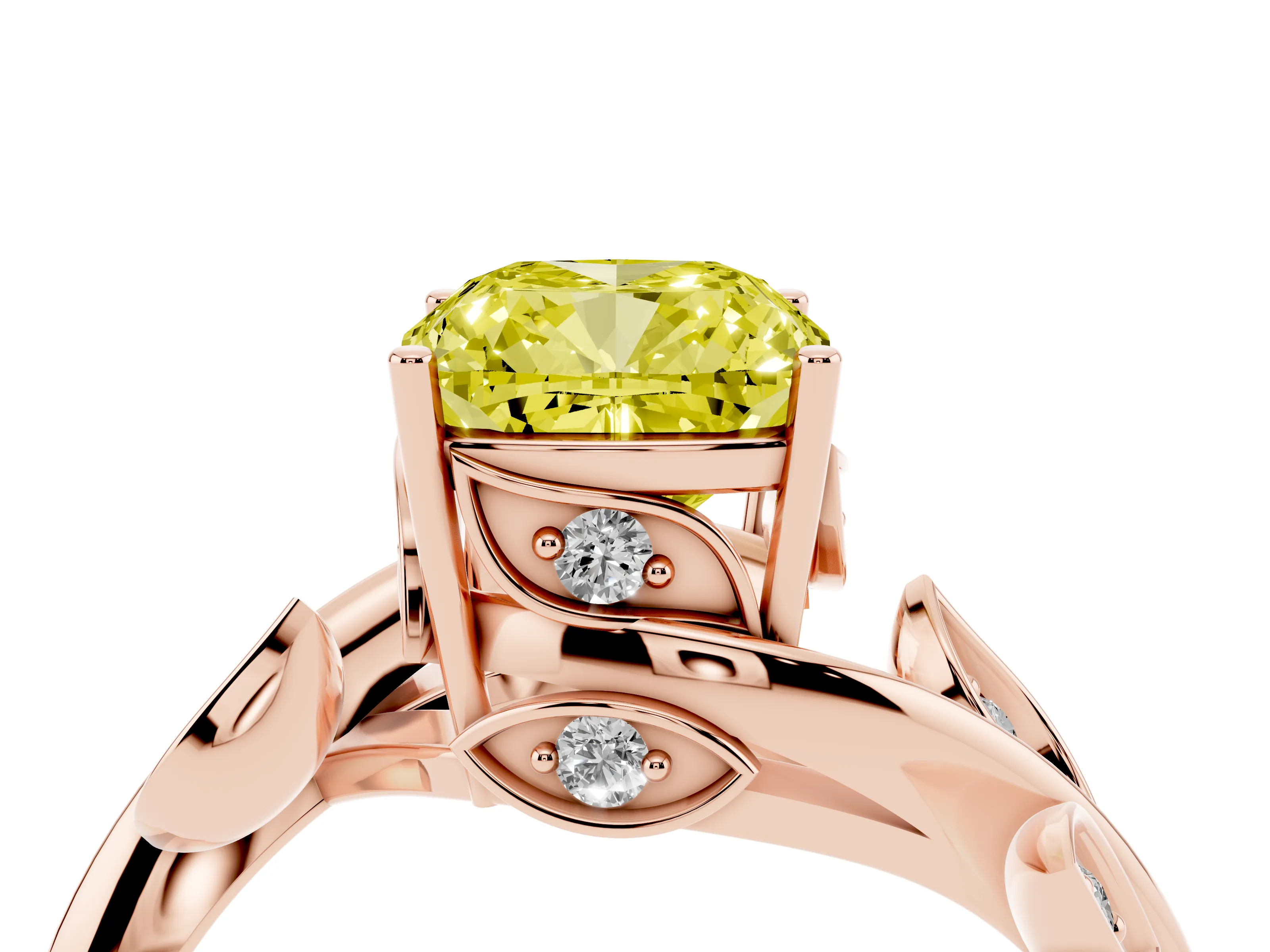 Fancy Yellow Cushion Cut Diamond Solitaire Twist Engagement Ring Set in Rose gold with Pavé Leaf Accents