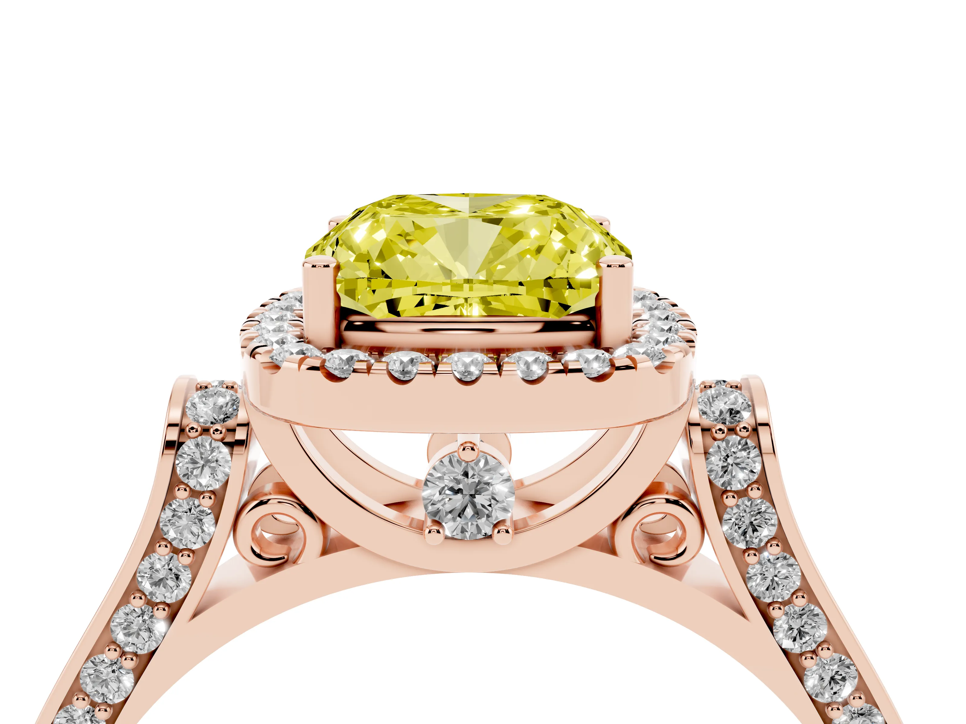Fancy Yellow Cushion Cut Diamond Halo Ring Set in Rose gold with Pavé-Lined Split Shank Band