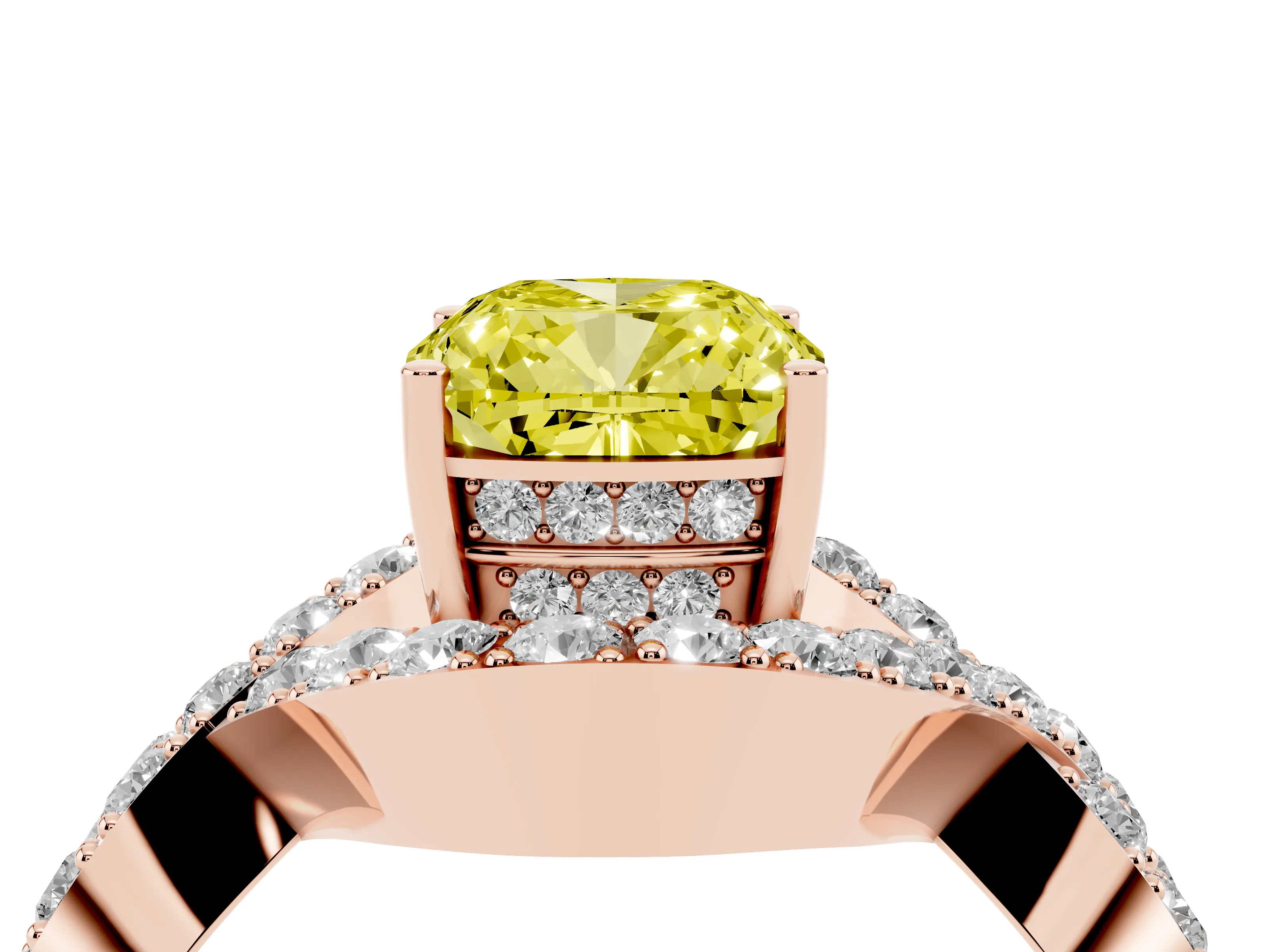 Fancy Yellow Cushion Cut Diamond Solitaire Twist Band Pavé Engagement Ring Set in Rose gold