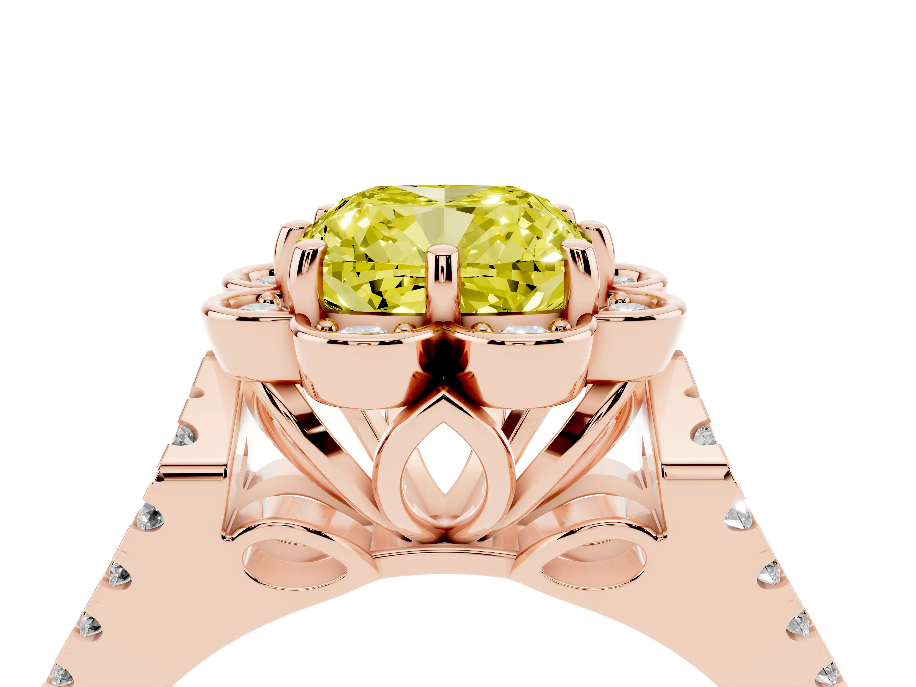 Fancy Yellow Cushion Cut Diamond Floral Halo Split Shank Engagement Ring Set in Rose gold with Pavé Shank
