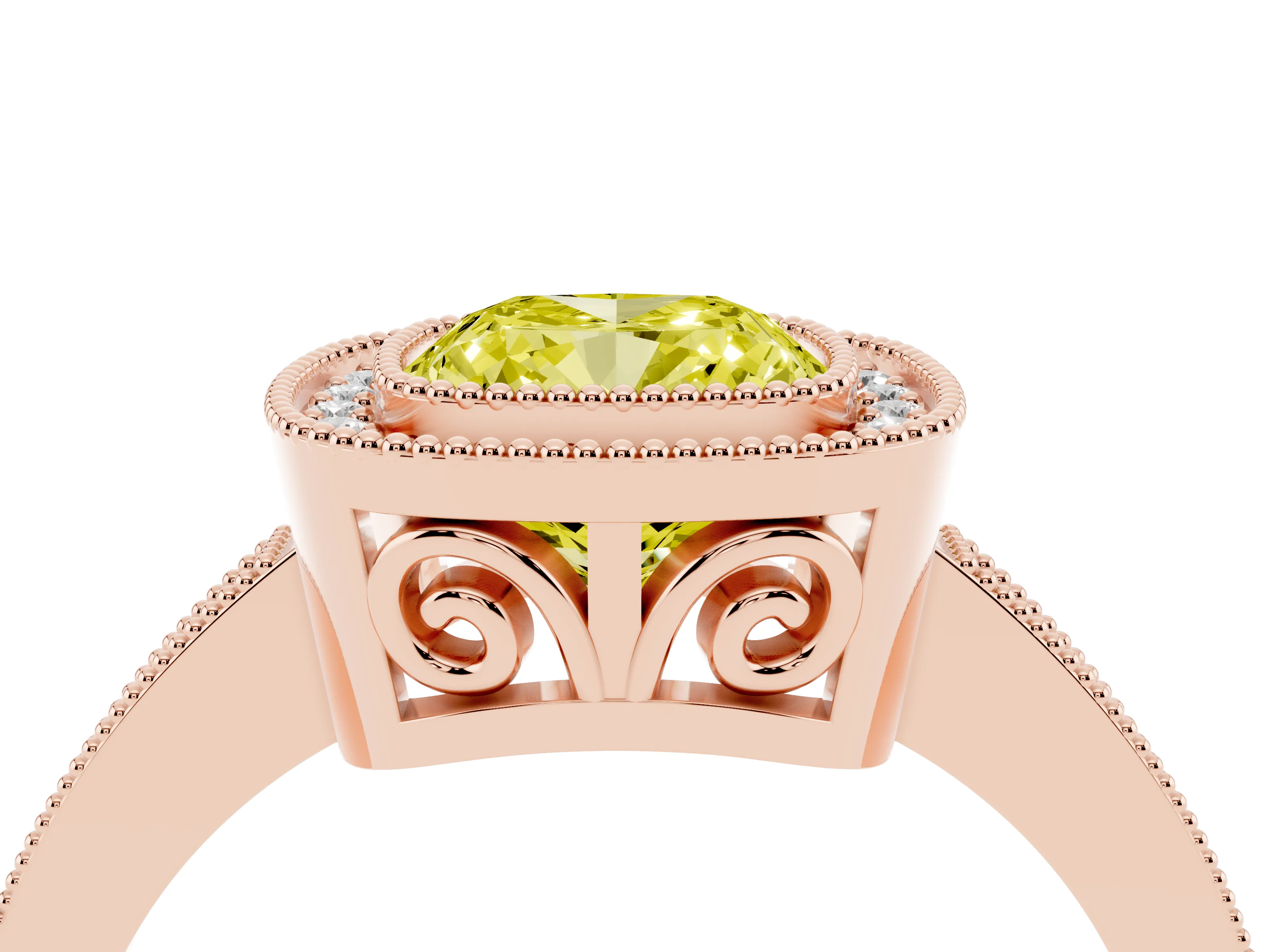 Fancy Yellow Cushion Cut Diamond Round Halo Ring Set in Rose gold with Pavé Band