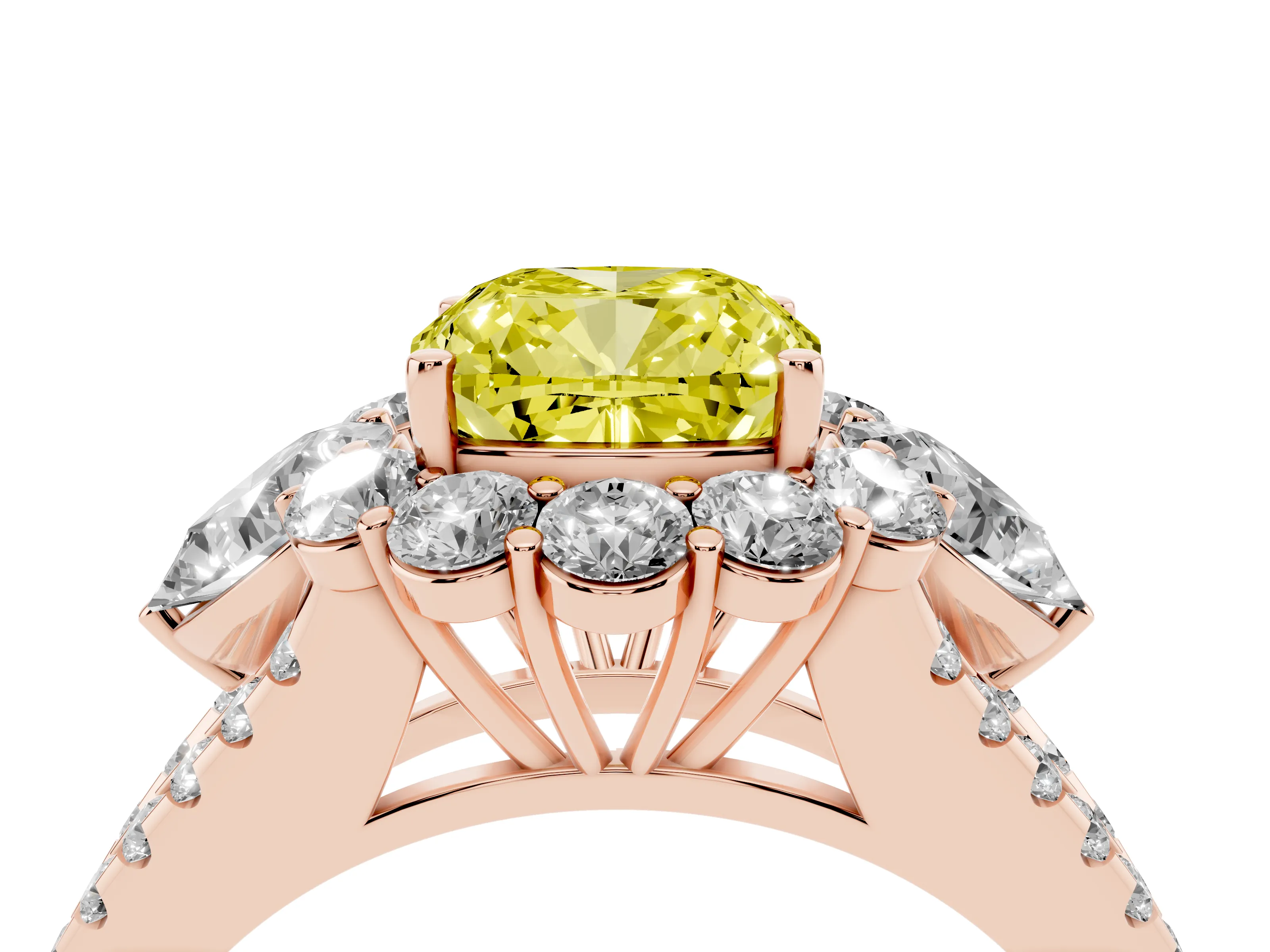 Fancy Yellow Cushion Cut Diamond Halo Split Shank Engagement Ring Set in Rose gold with Prong-Held Center Stone