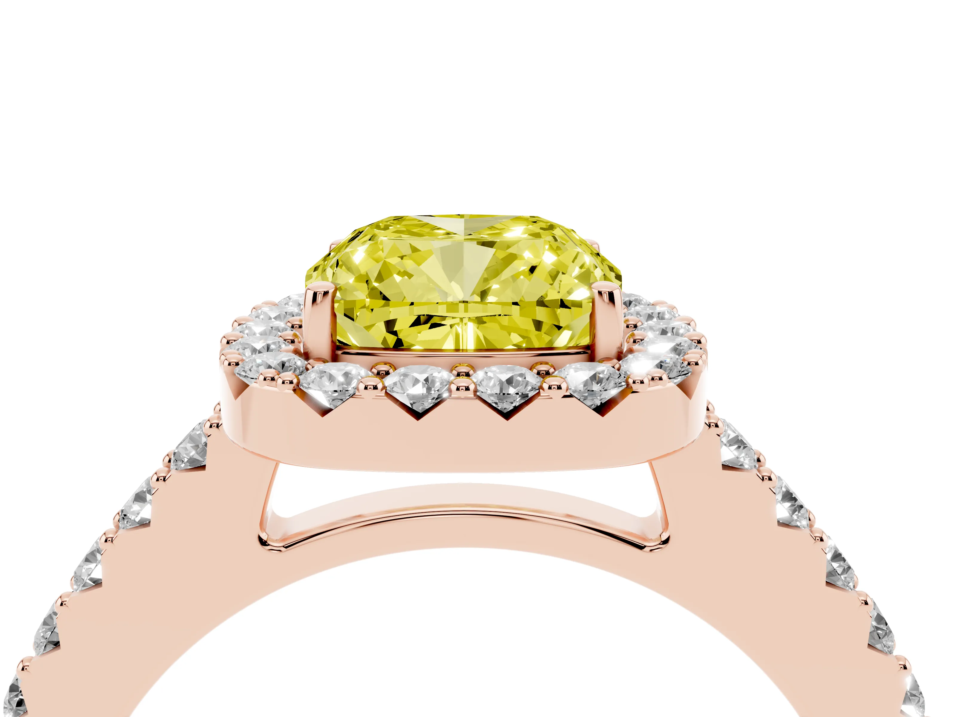 Fancy Yellow Cushion Cut Diamond Halo Pavé Solitaire Ring Set in Rose gold with Prong-Set Center Stone