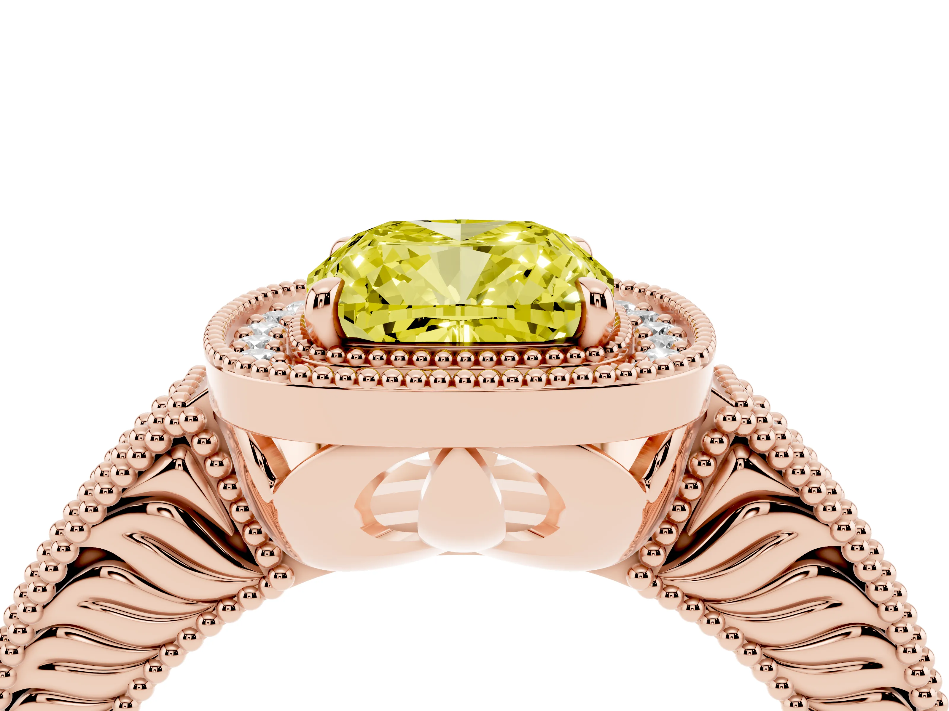 Fancy Yellow Cushion Cut Diamond Halo Ring Set in Rose gold with Round Accent Halo, Pavé Band and Prong Setting