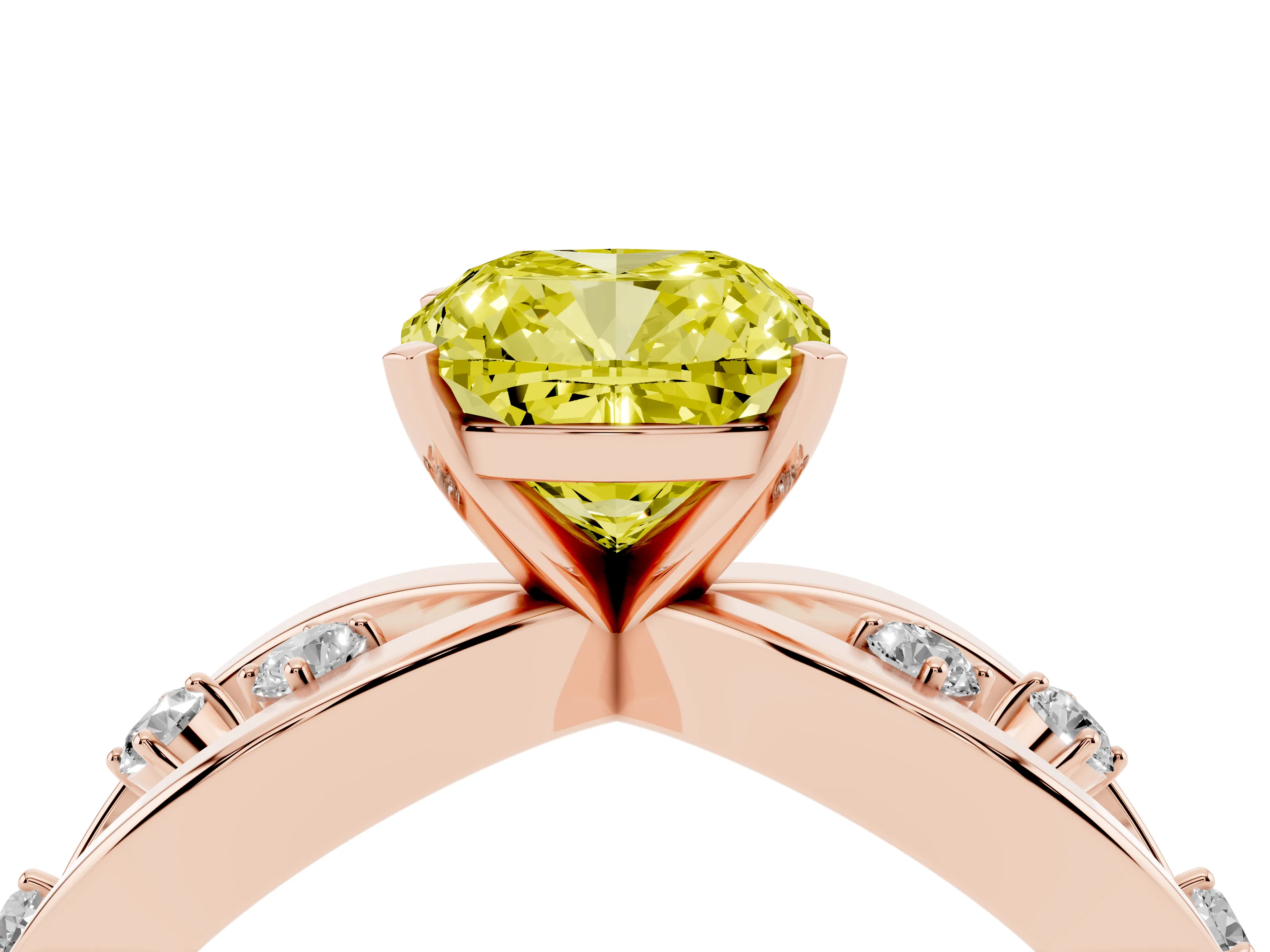 Fancy Yellow Cushion Cut Diamond Solitaire Ring Set in Rose gold with Side Stones on Criss-Cross Band and Prong Setting
