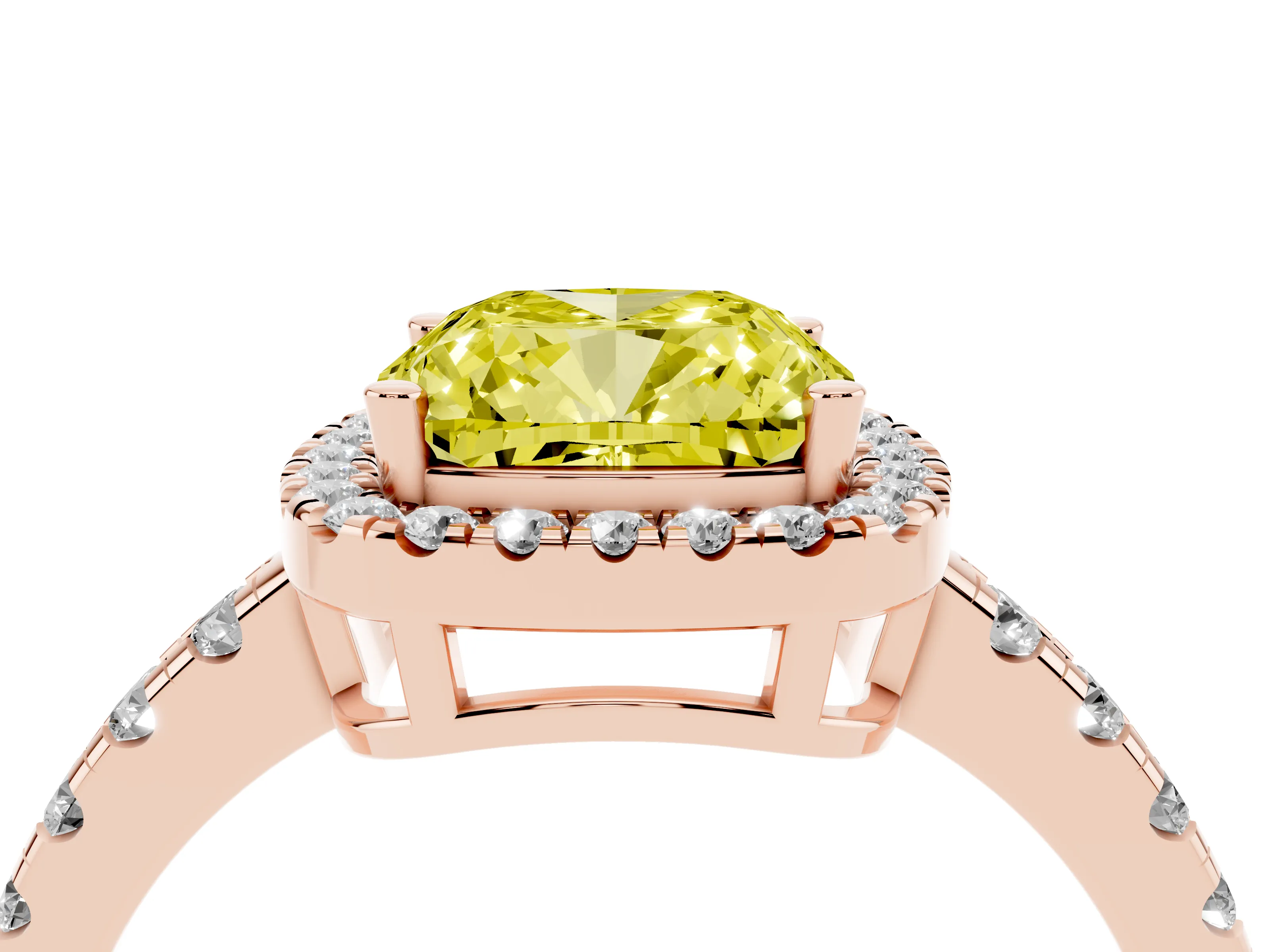 Fancy Yellow Cushion Cut Diamond Halo Ring Set in Rose gold with Delicate Pavé Band and Prong Setting