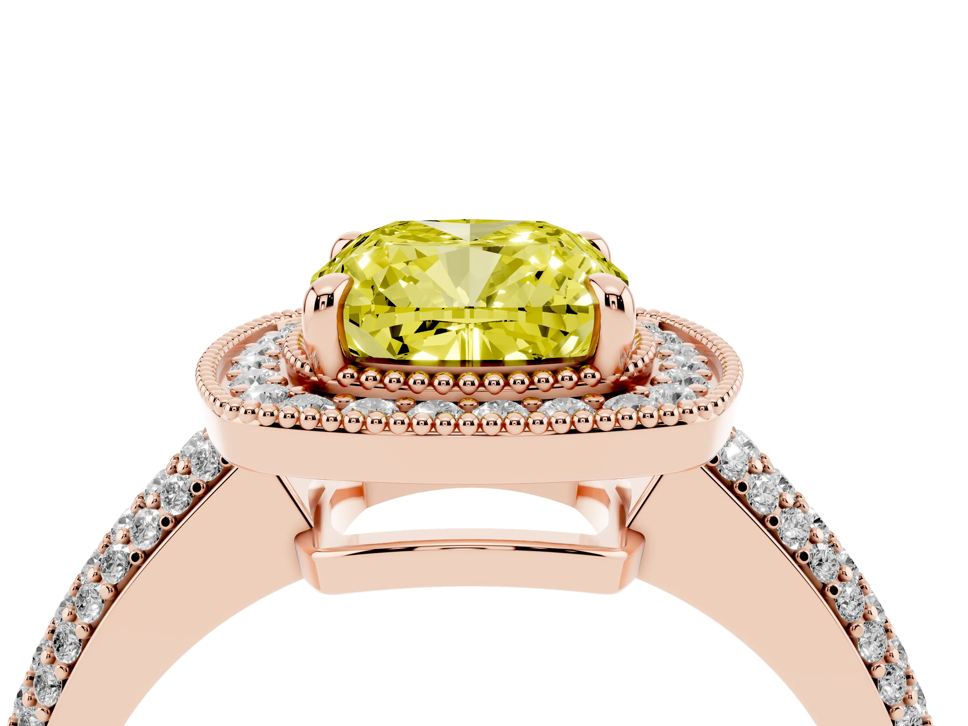 Fancy Yellow Cushion Cut Diamond Halo Pavé Band Set in Rose gold with Prong Setting