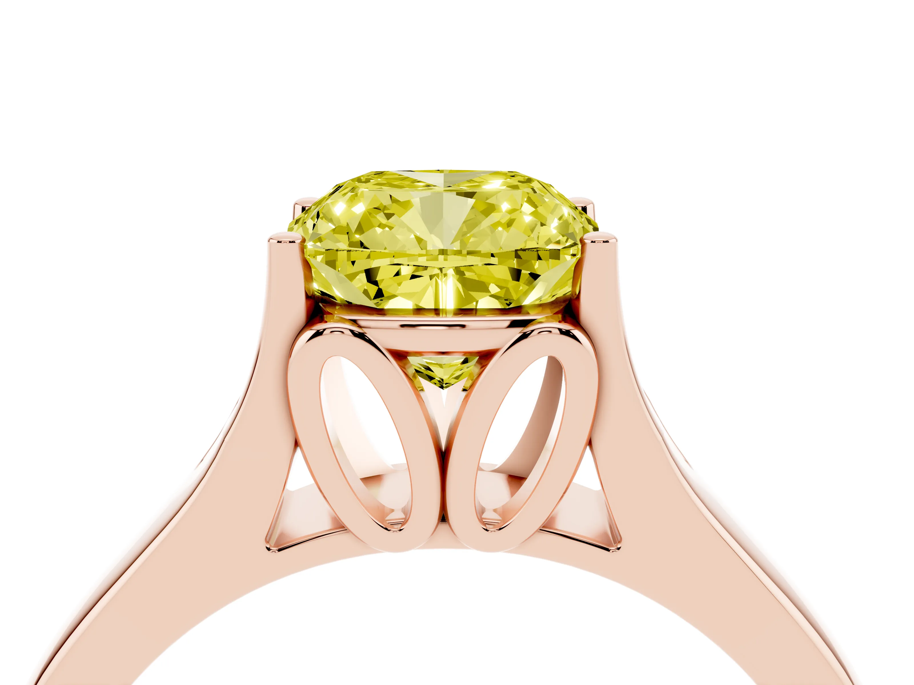 Fancy Yellow Cushion Cut Diamond Solitaire Ring Set in Rose gold with Arched Cathedral Band and Prong Setting