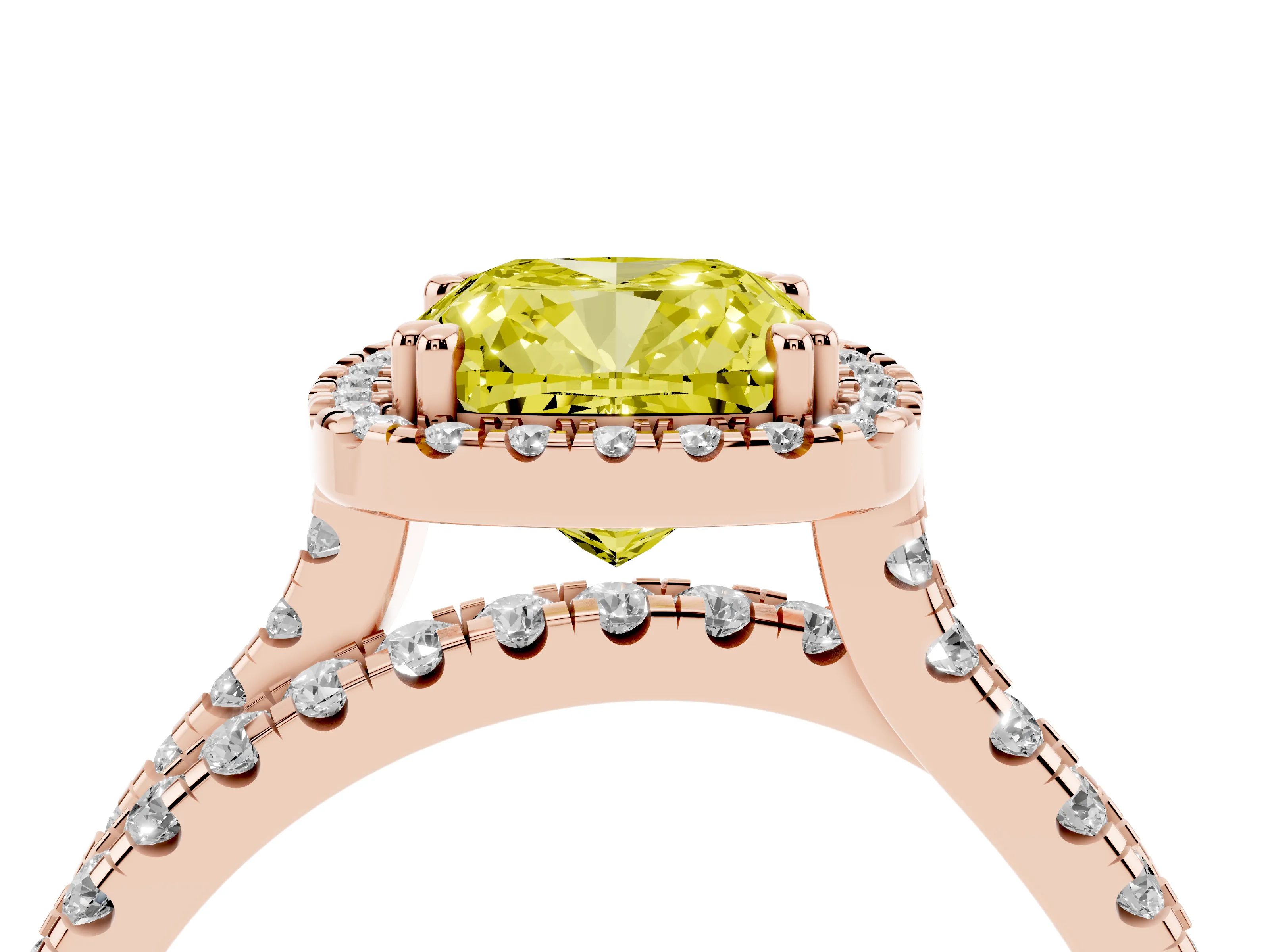 Fancy Yellow Cushion Cut Diamond Halo Split Shank Ring Set in Rose gold with Pavé Setting