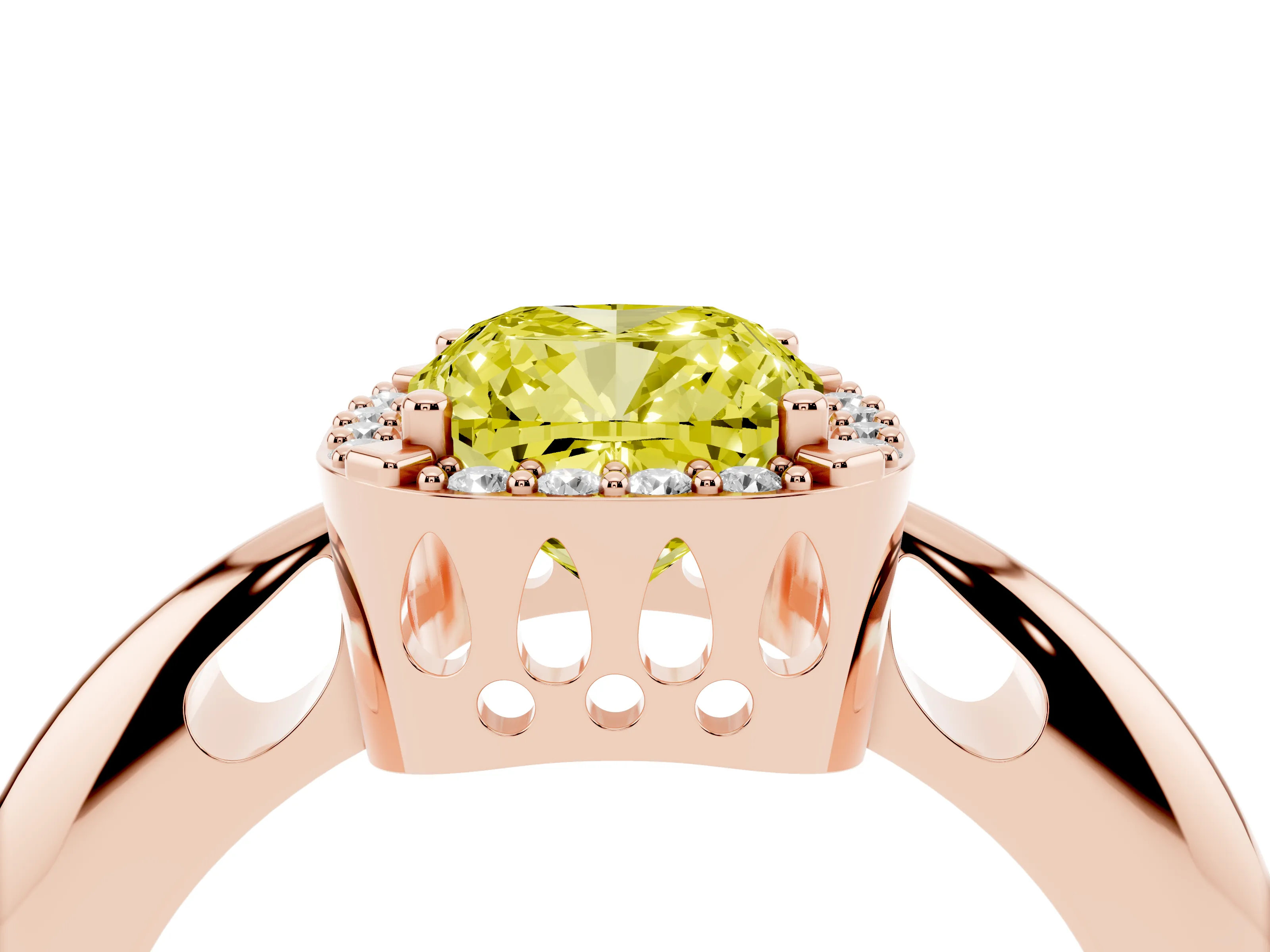 Fancy Yellow Cushion Cut Diamond Halo Engagement Ring Set in Rose gold with Plain Split Shank and Prong Setting