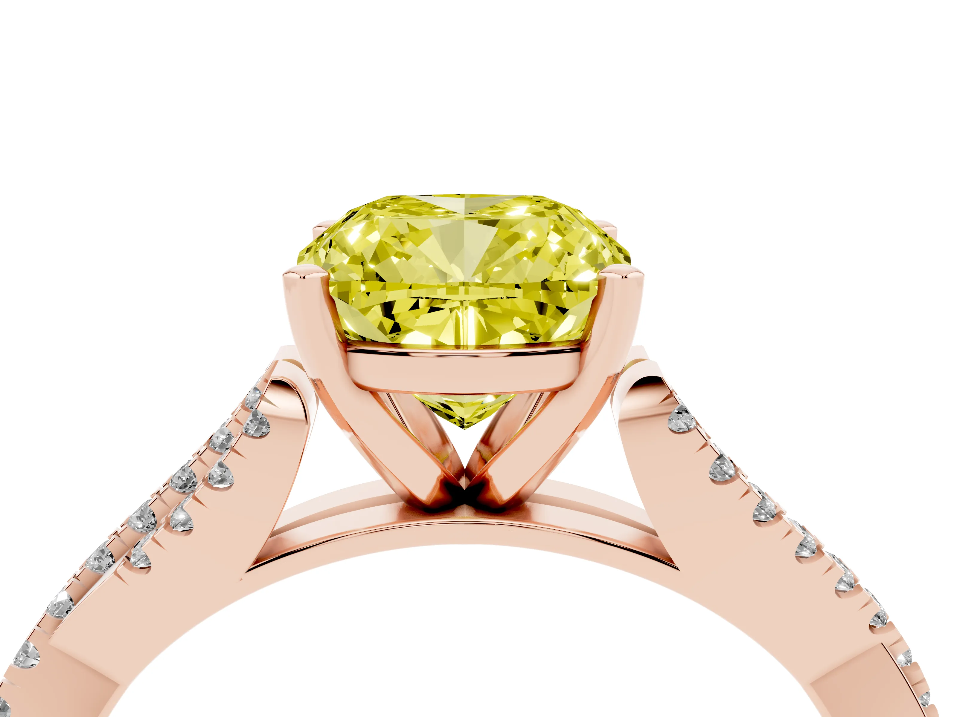 Fancy Yellow Cushion Cut Diamond Solitaire Engagement Ring Set in Rose gold with Twisted Pavé Band and Prong Setting