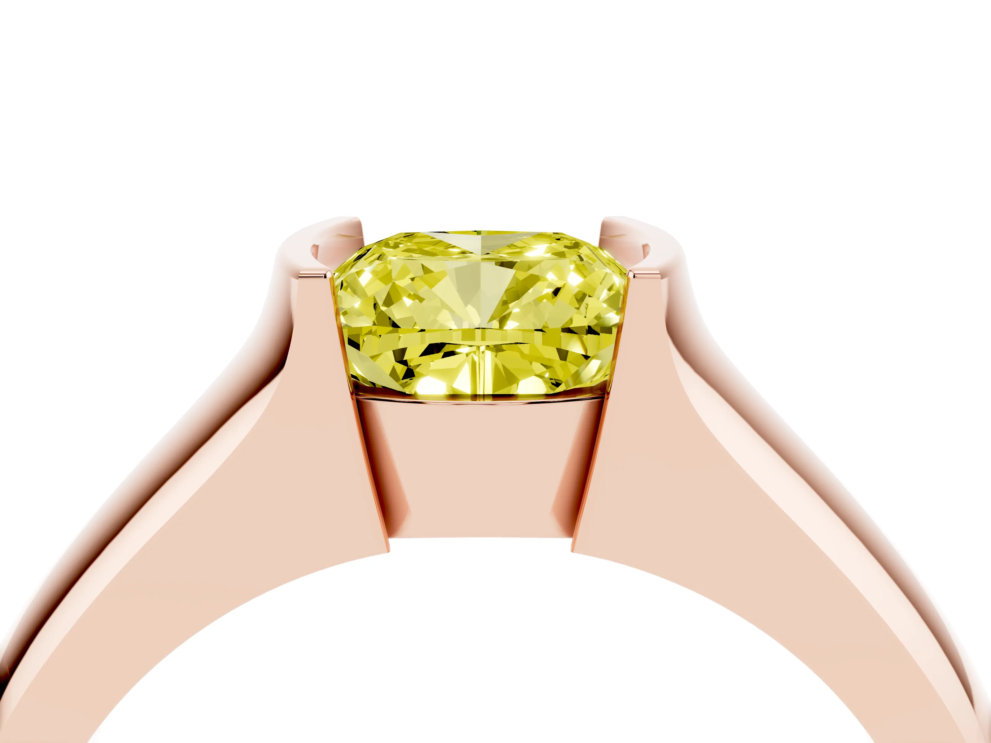 Fancy Yellow Cushion Cut Diamond Bezel Solitaire Ring Set in Rose gold with Wide Band