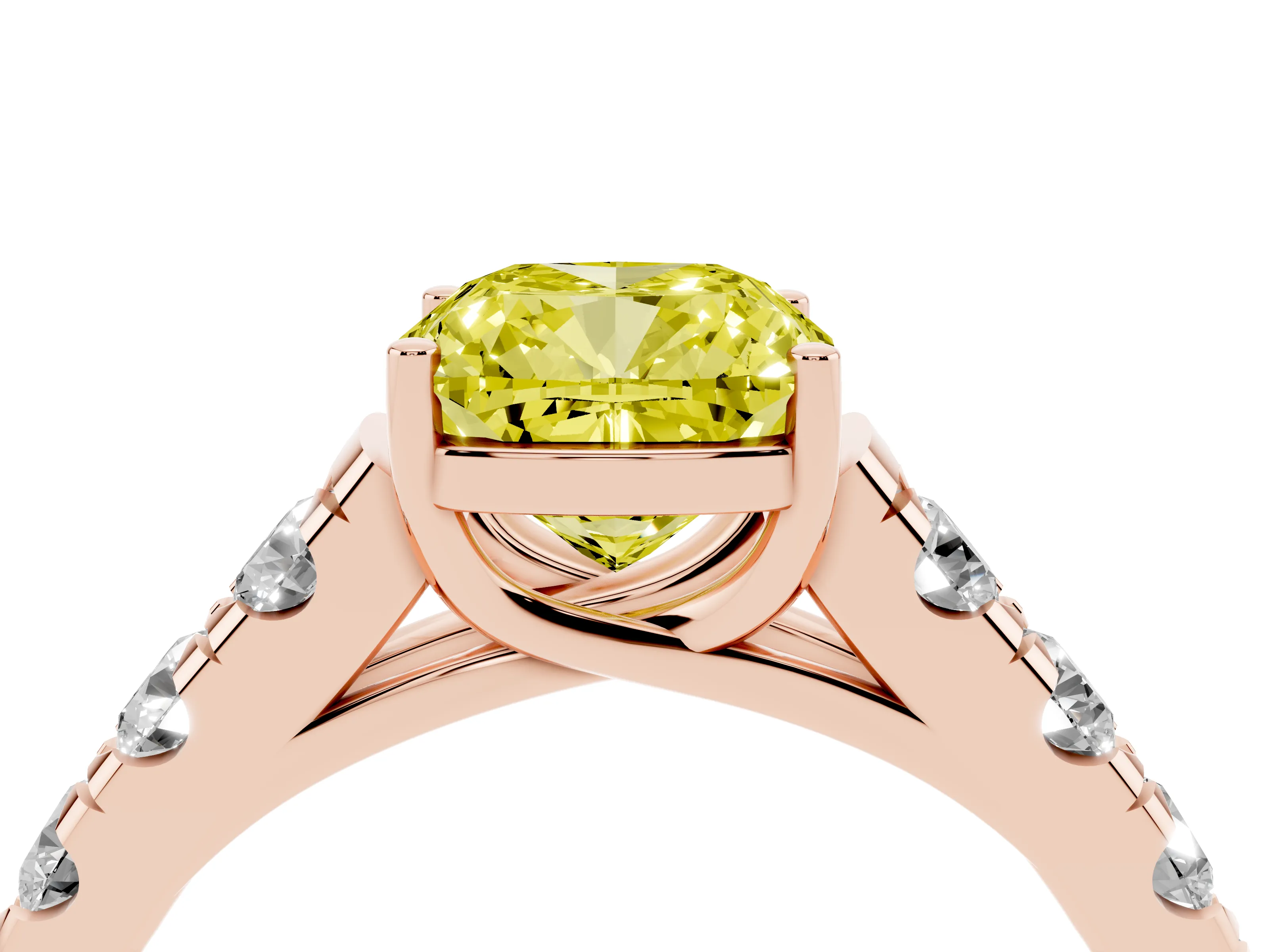 Fancy Yellow Cushion Cut Diamond Solitaire Ring Set in Rose gold with Cut-Down Micro Pavé Band and Prong Setting