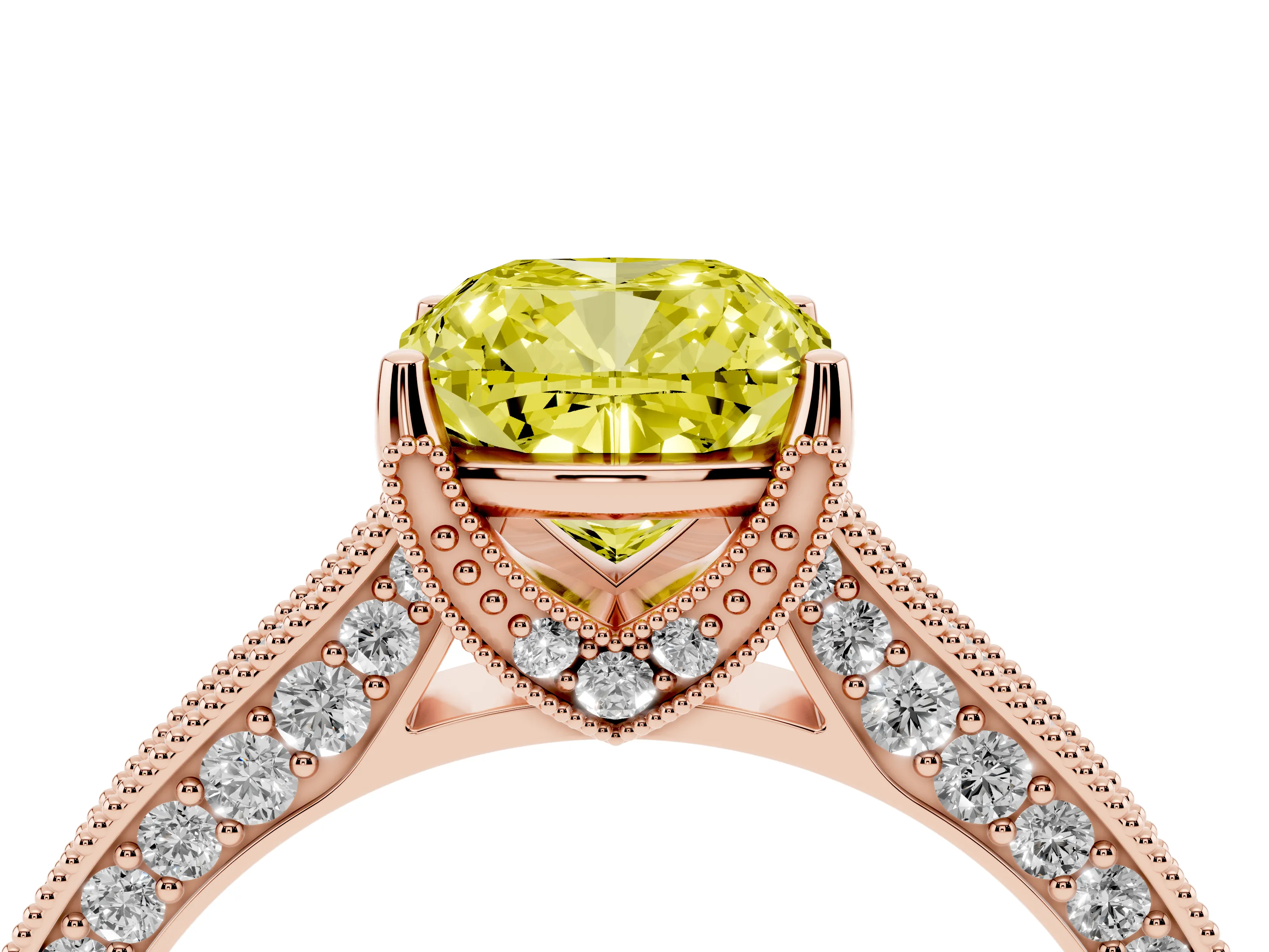 Fancy Yellow Cushion Cut Diamond Solitaire Ring Set in Rose gold with Milgrain-Edged Pavé Band and Prong Setting