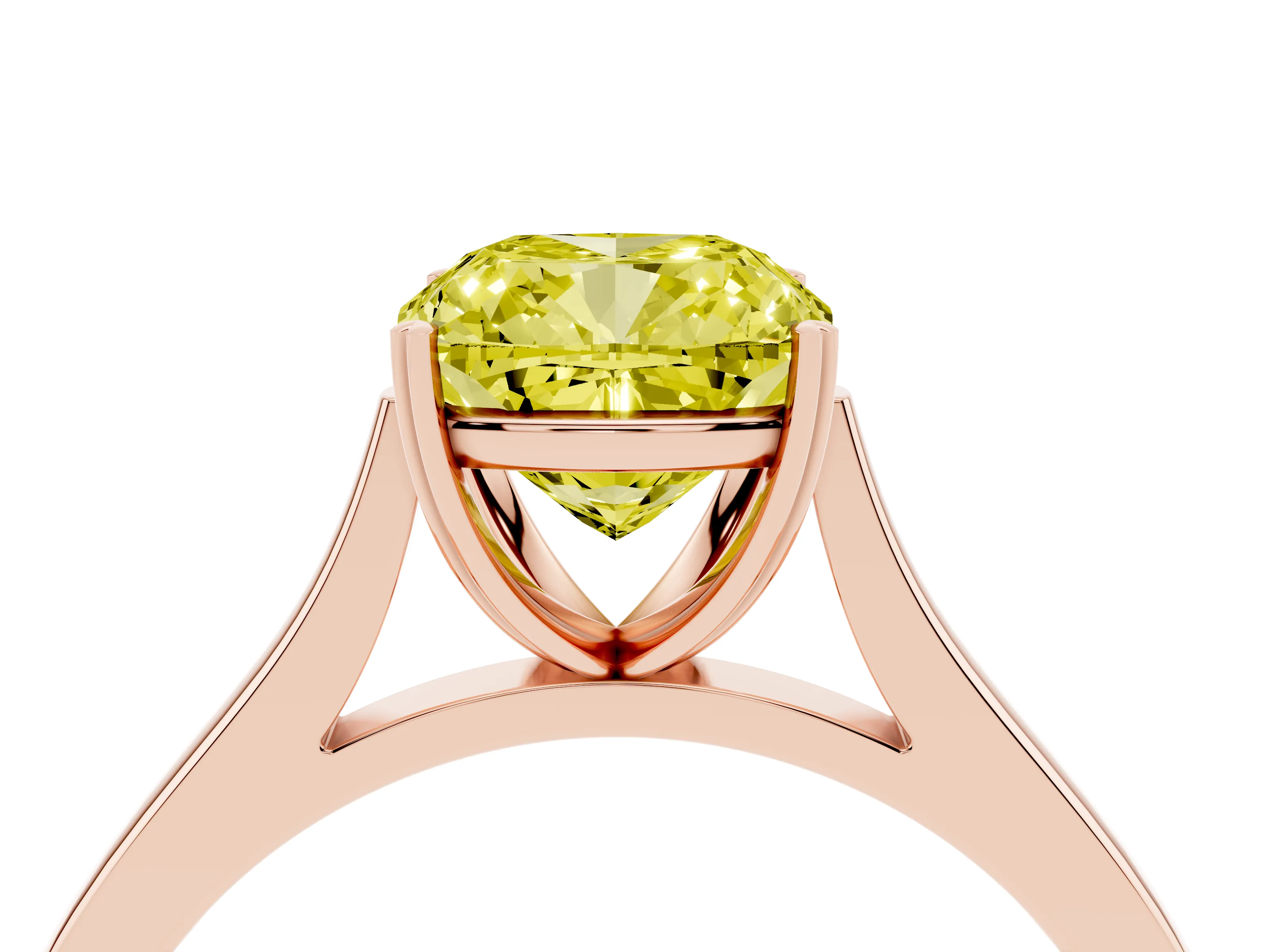 Fancy Yellow Cushion Cut Diamond Solitaire Heart Prong Engagement Ring Set in Rose gold with Tapered Band