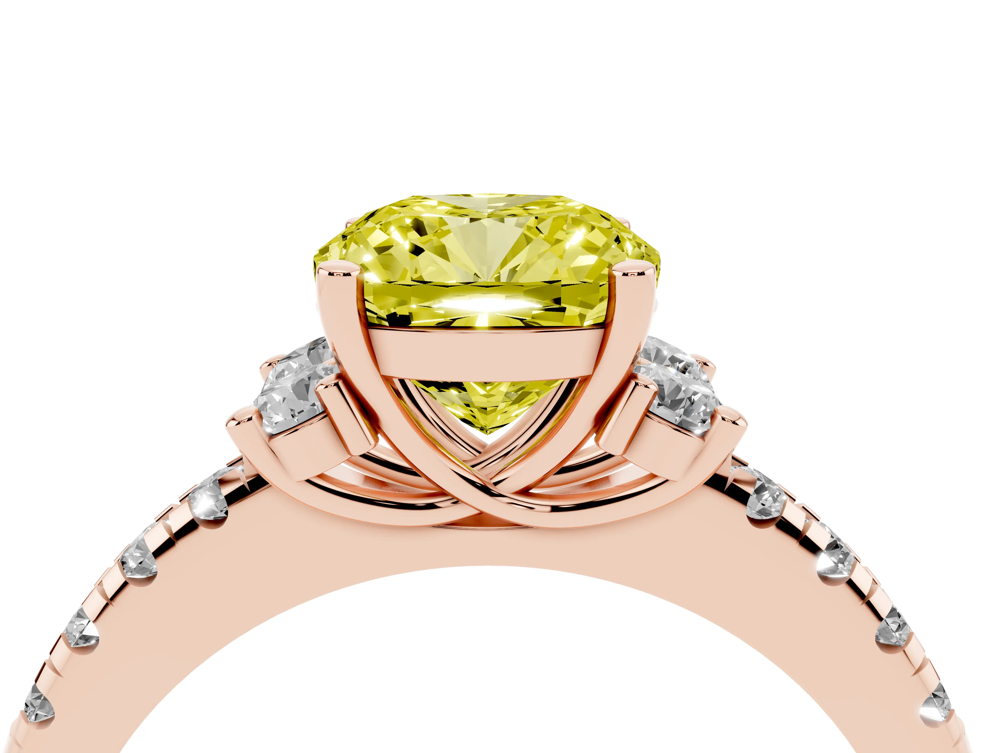 Fancy Yellow Cushion Cut Diamond Three-Stone Pavé Ring Set in Rose gold with Prong Setting