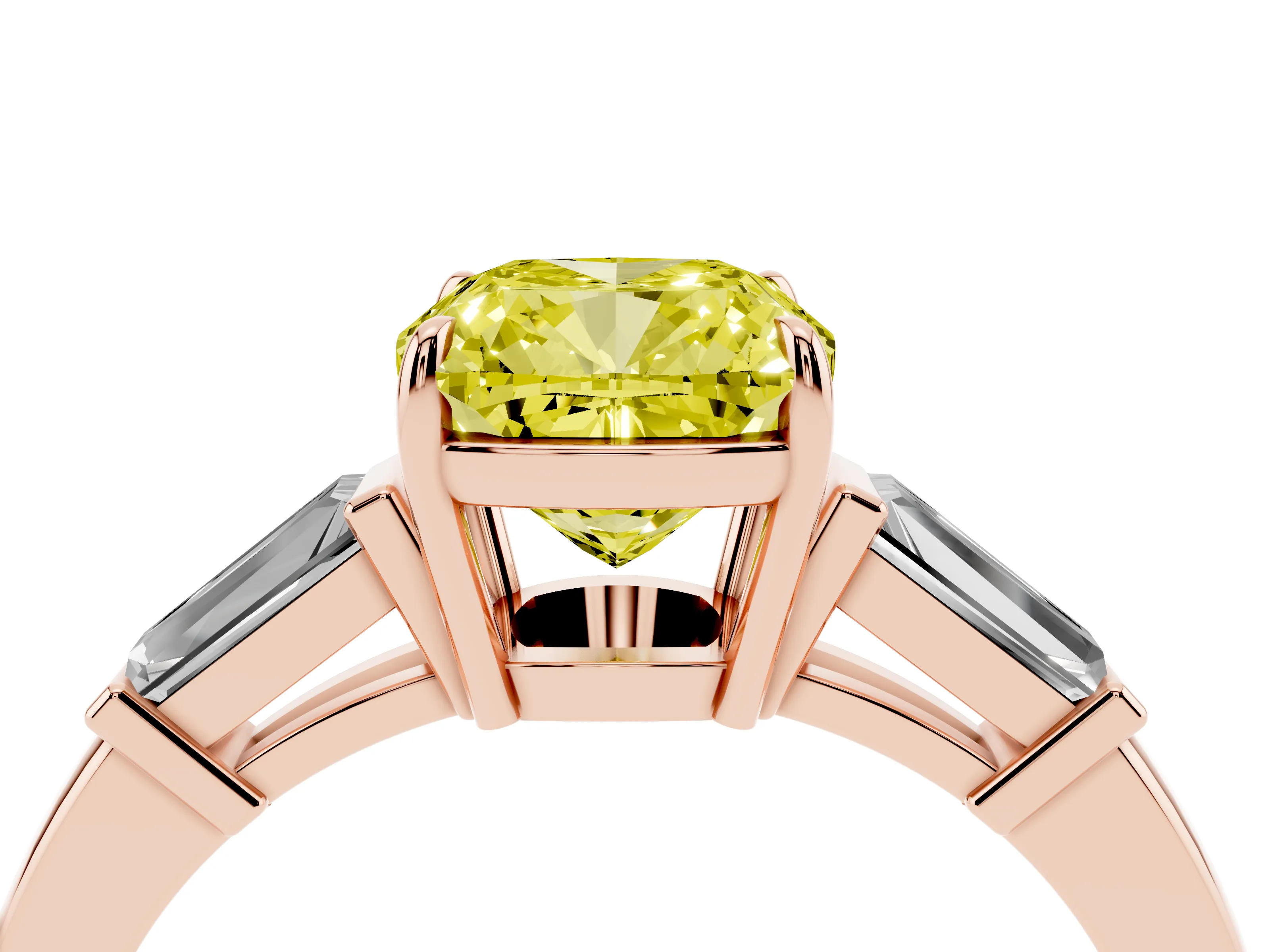 Fancy Yellow Cushion Cut Diamond Three-Stone Ring Set in Rose gold with Tapered Baguette Side Stones and Prong Setting