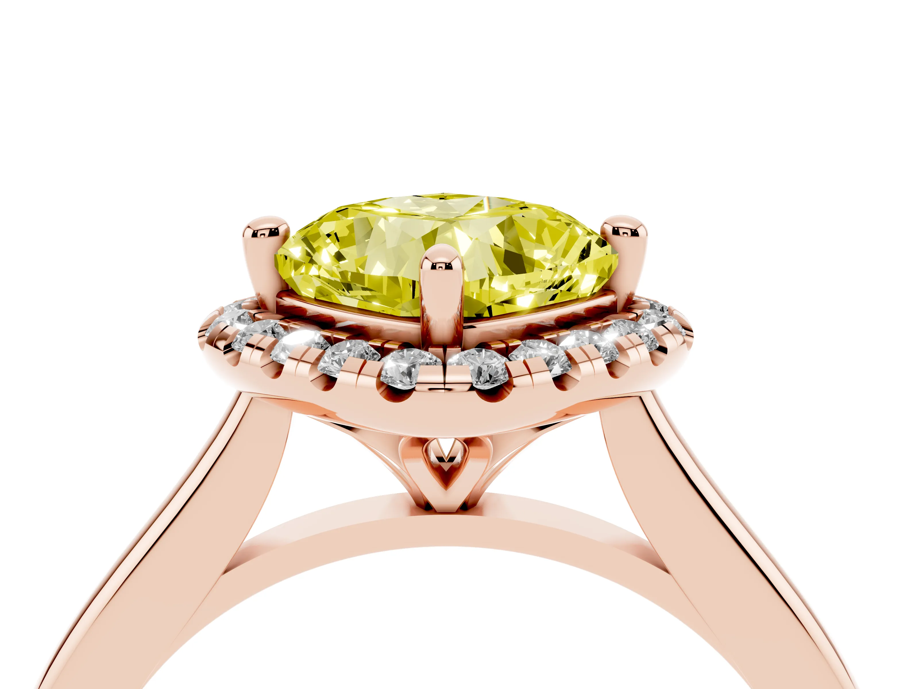 Fancy Yellow Cushion Cut Diamond Halo Engagement Ring Set in Rose gold with Pavé Band and Rising Shoulders