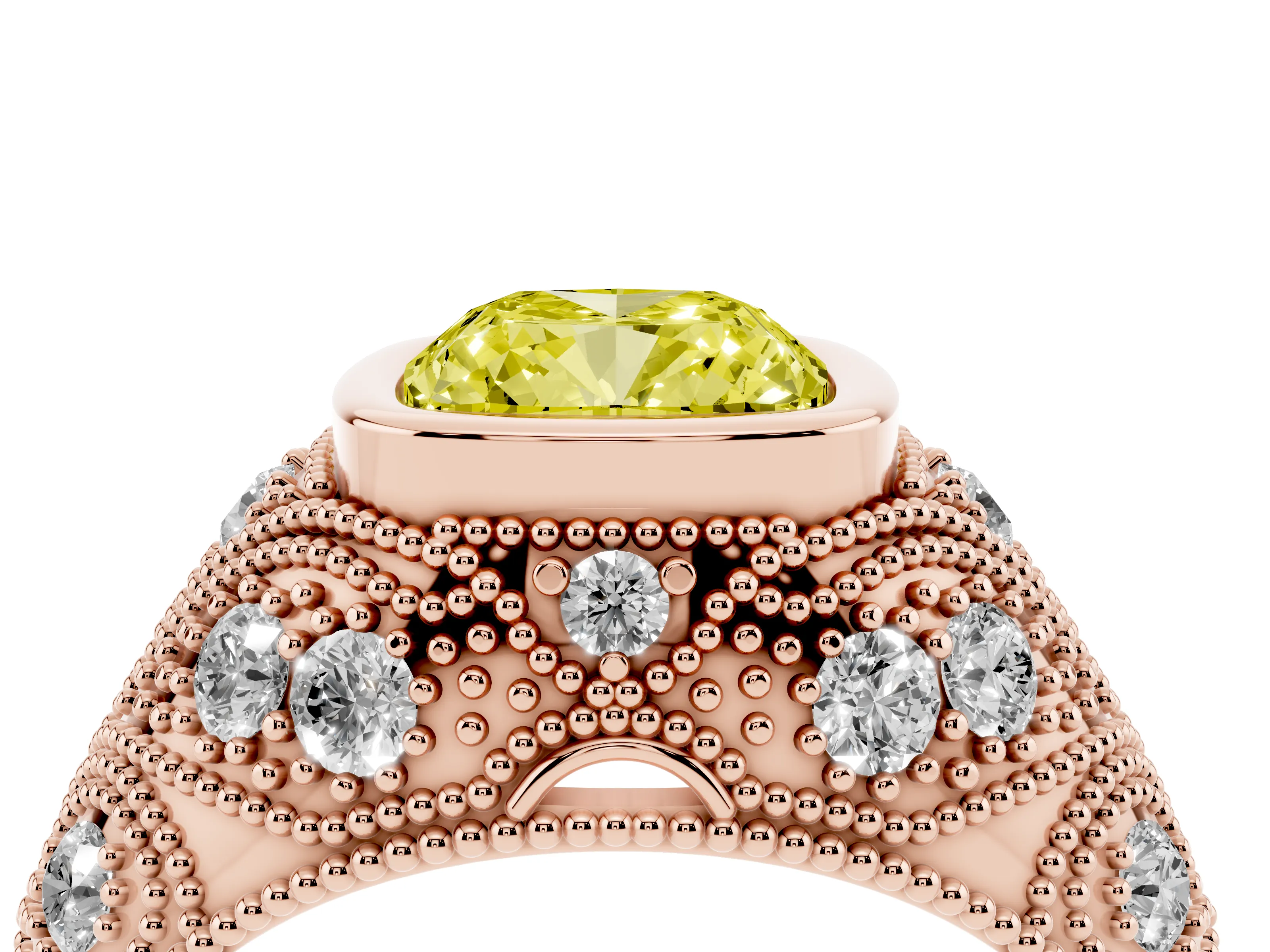 Fancy Yellow Cushion Cut Diamond Bezel Ring Set in Rose gold with Milgrain Accent Band