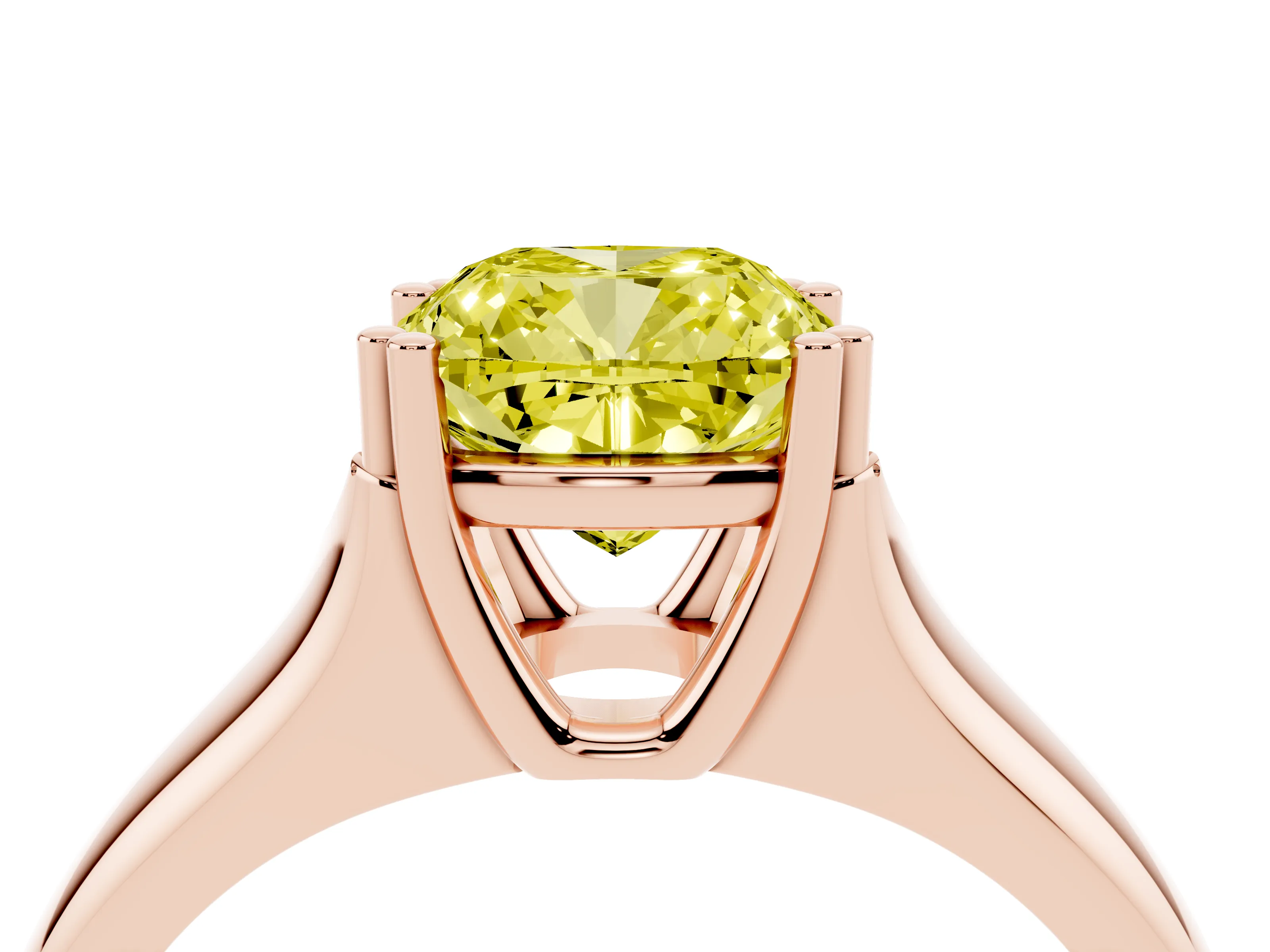 Fancy Yellow Cushion Cut Diamond Solitaire Ring Set in Rose gold with Wide Band and Prong Setting