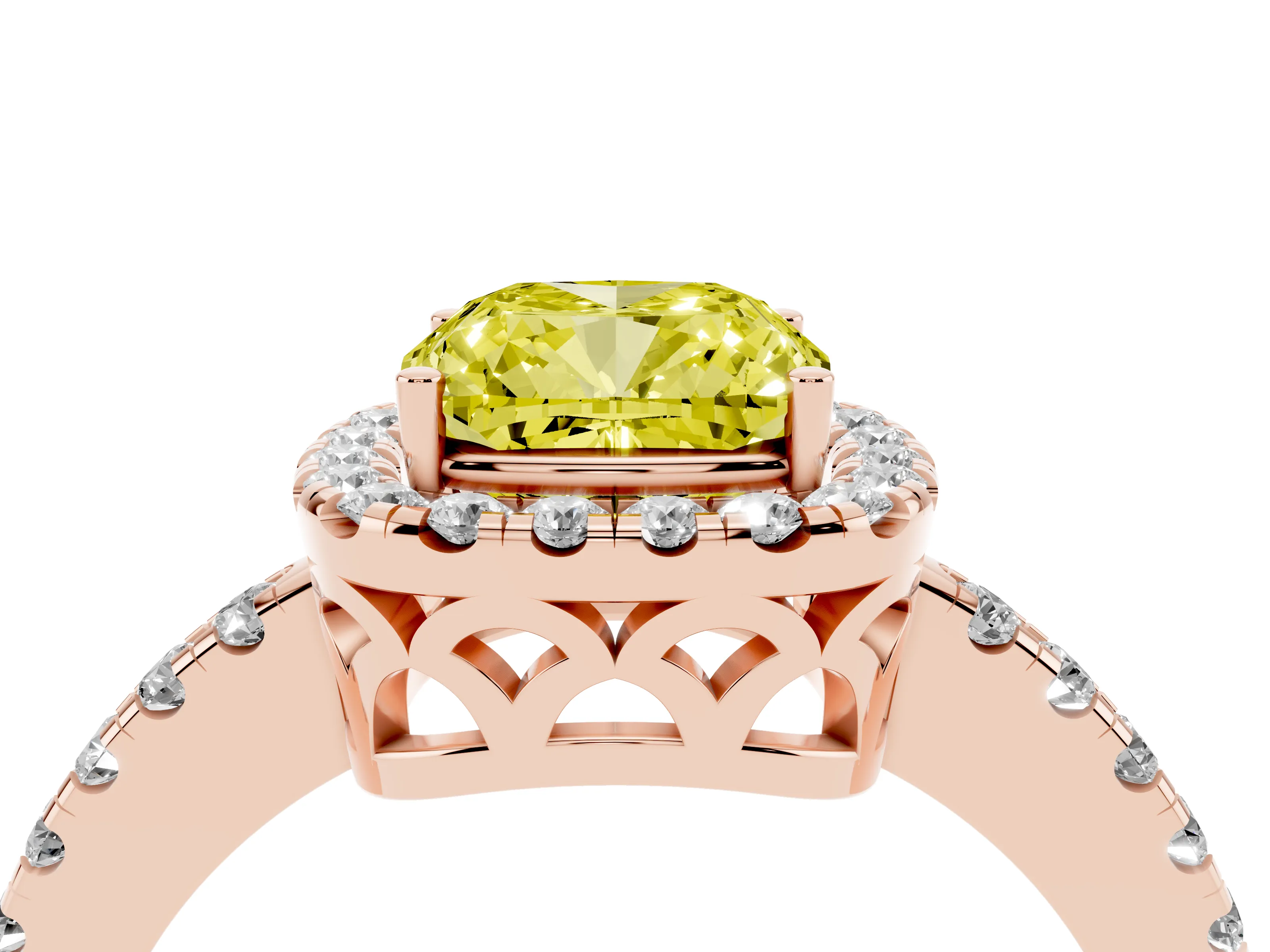 Fancy Yellow Cushion Cut Diamond Pavé Band Halo Engagement Ring Set in Rose gold with Prong Setting