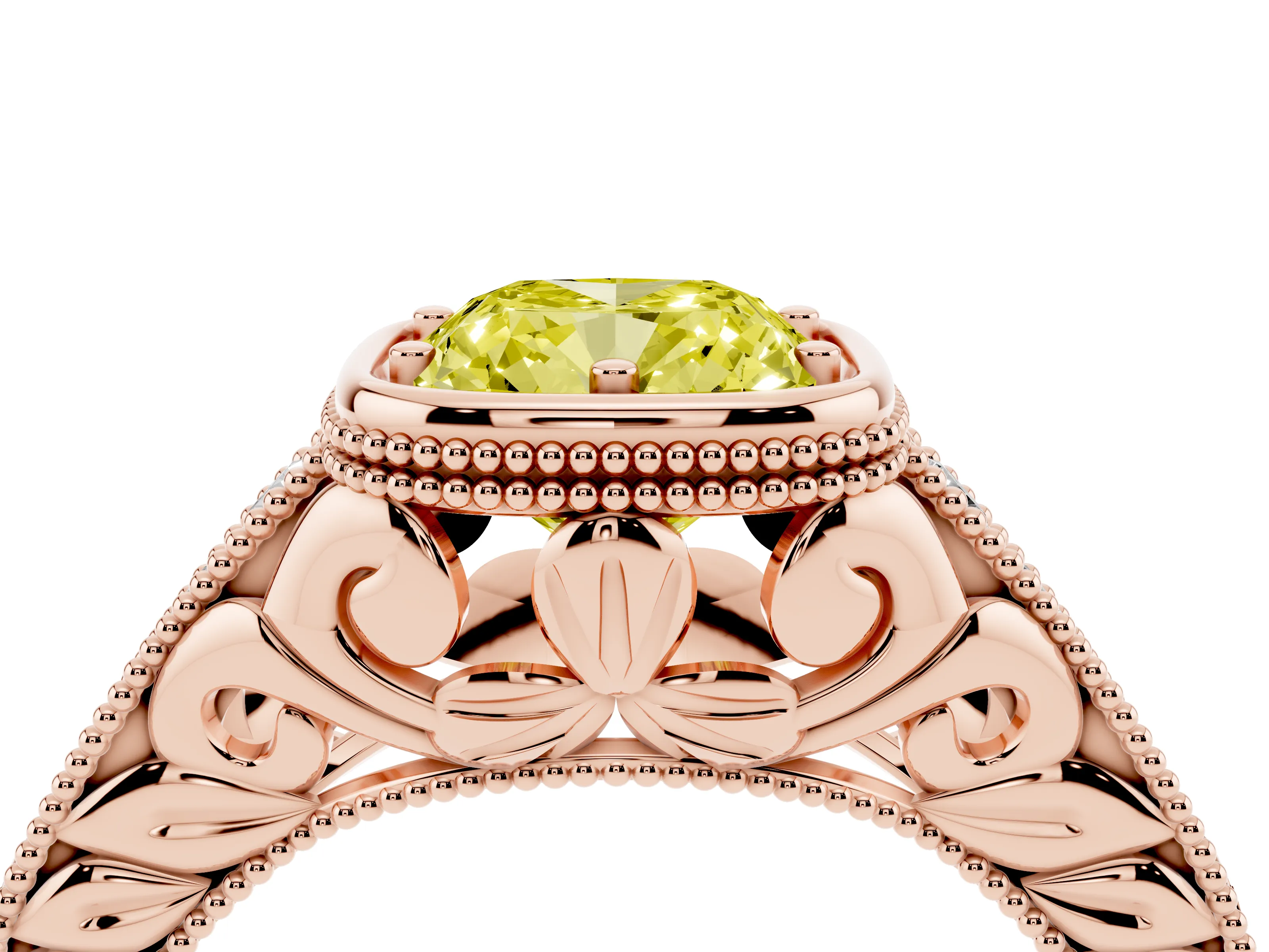 Fancy Yellow Bezel Set Cushion Cut Diamond Milgrain Pavé Engagement Ring Set in Rose gold