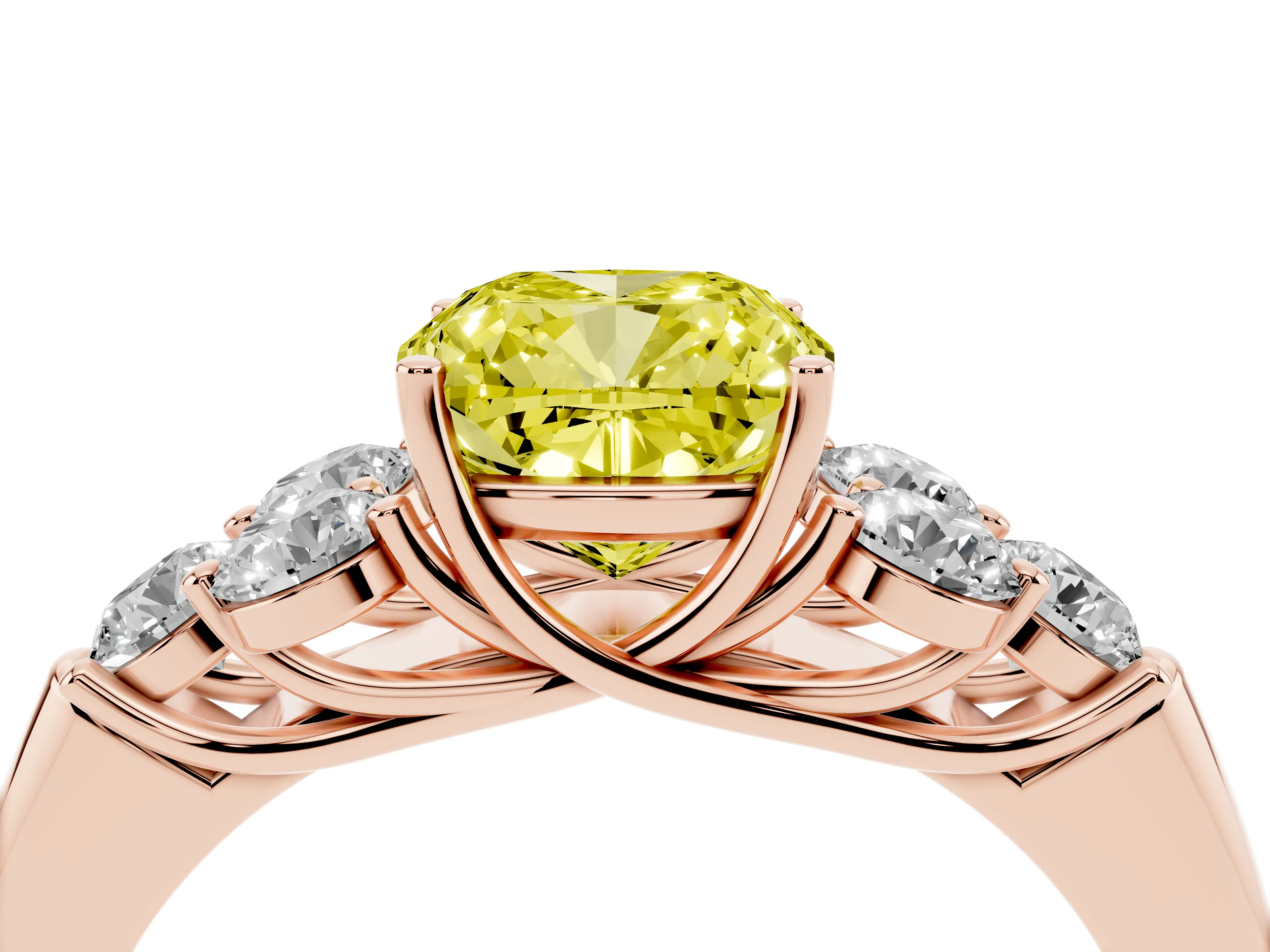 Fancy Yellow Cushion Cut Diamond Cluster Ring Set in Rose gold with Round Accent Stones and Prong Setting on a Plain Band