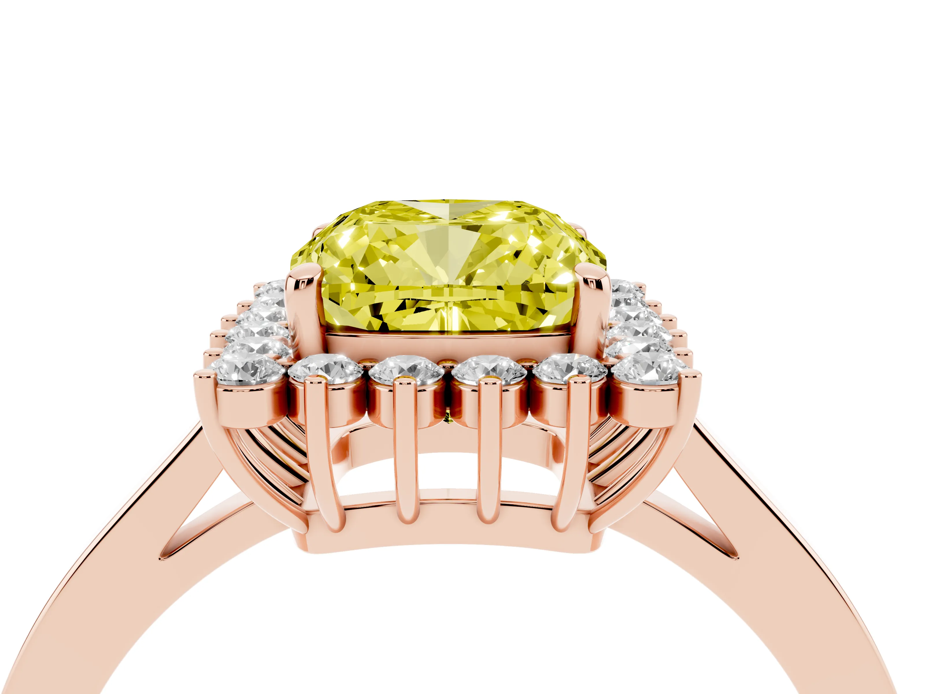 Fancy Yellow Cushion Cut Diamond Halo Ring Set in Rose gold with Round Halo and Smooth Solitaire Band