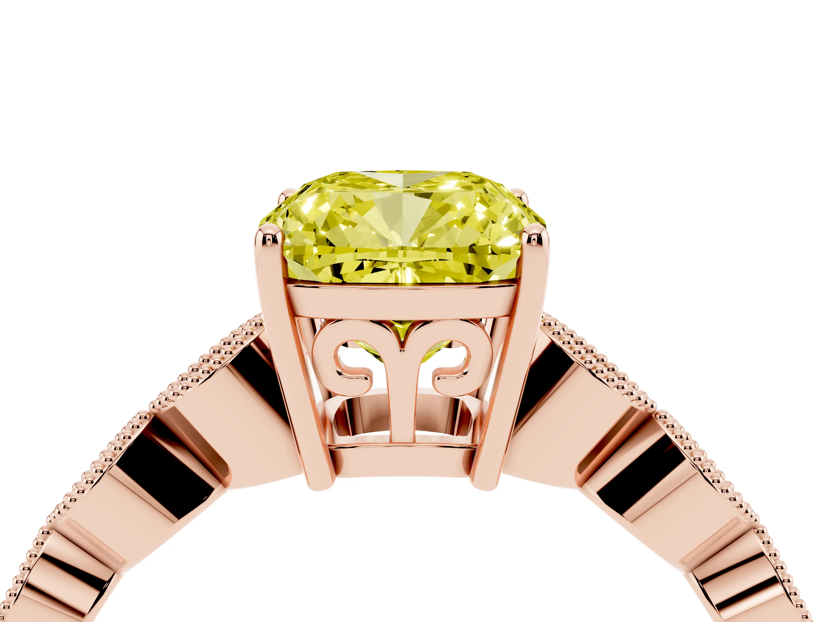 Fancy Yellow Cushion Cut Diamond Solitaire Ring Set in Rose gold with Infinity Twist Pavé Band