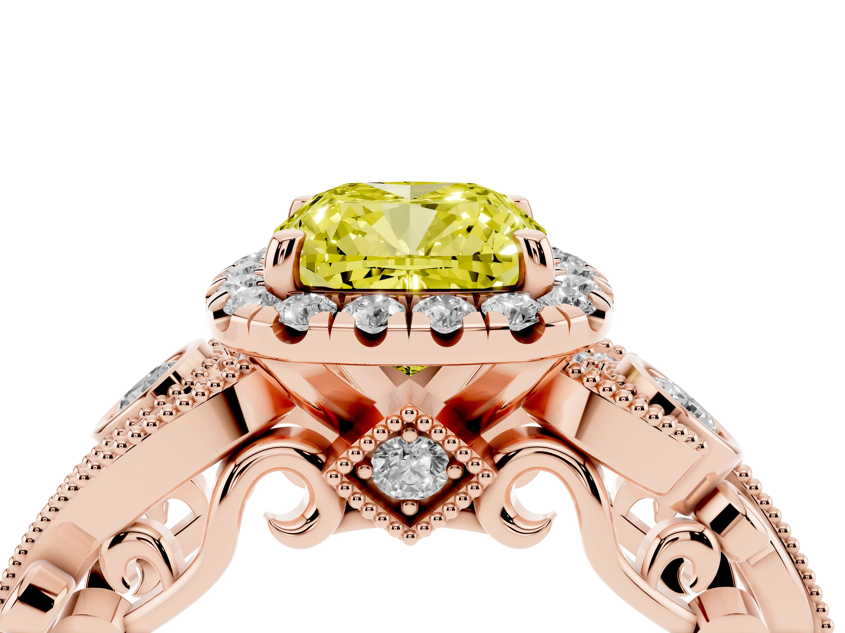 Fancy Yellow Cushion Cut Diamond Halo Ring Set in Rose gold with Milgrain Pavé Band and Prong Setting