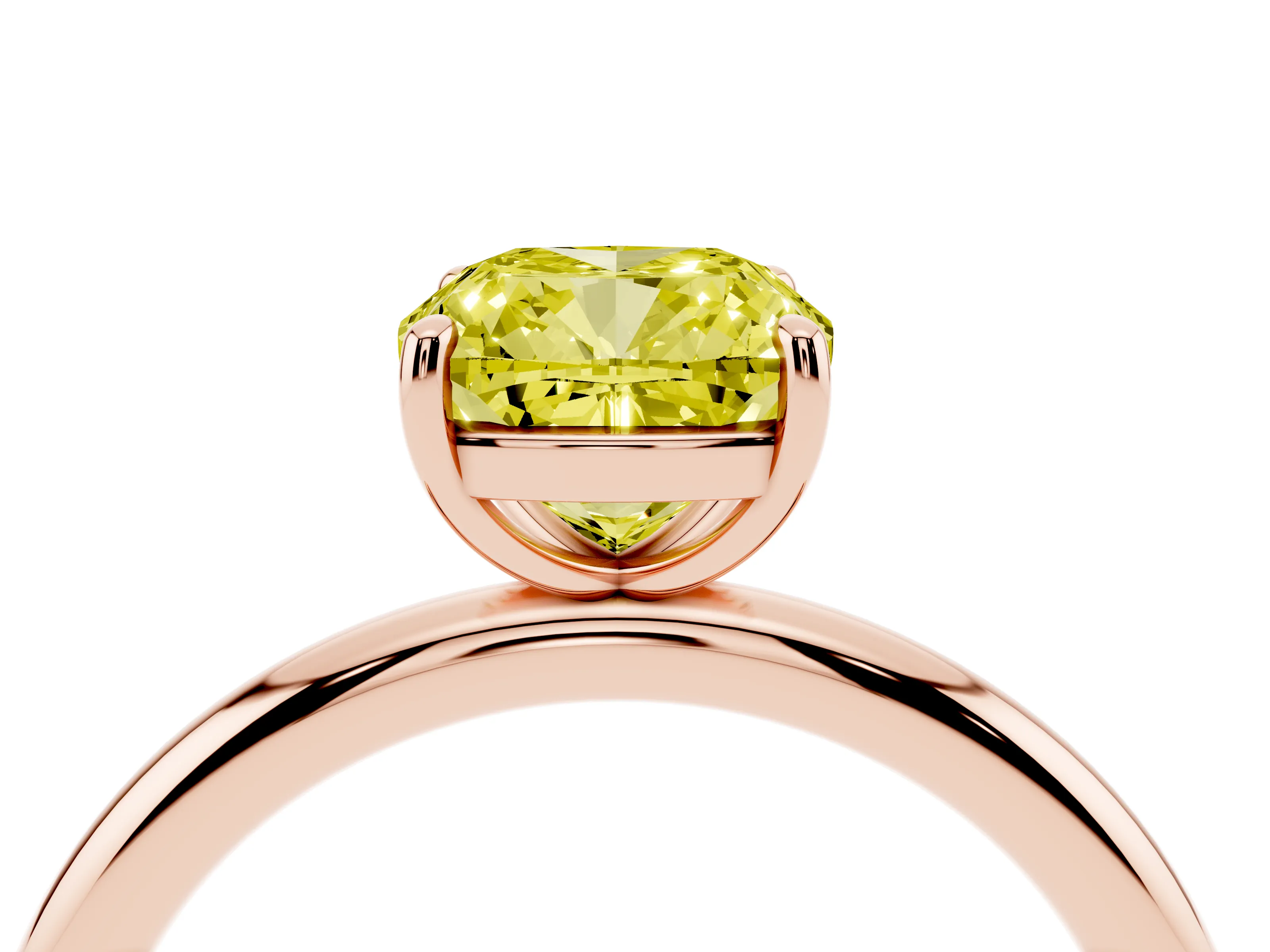 Fancy Yellow Cushion Cut Diamond Solitaire Ring Set in Rose gold with Prong Setting on a Polished Plain Band