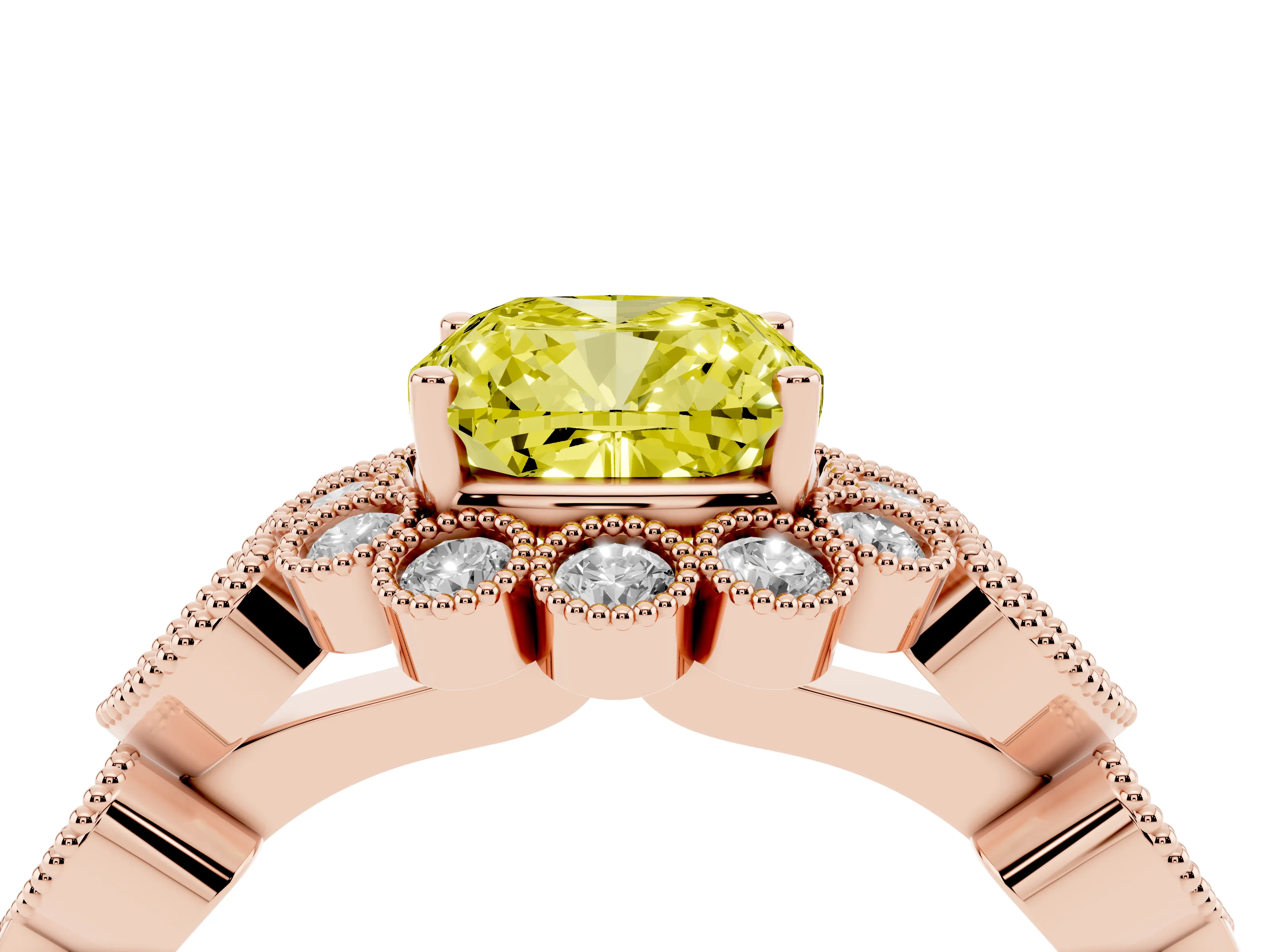 Fancy Yellow Cushion Cut Diamond Solitaire Ring Set in Rose gold with Milgrain Pavé Heart Band