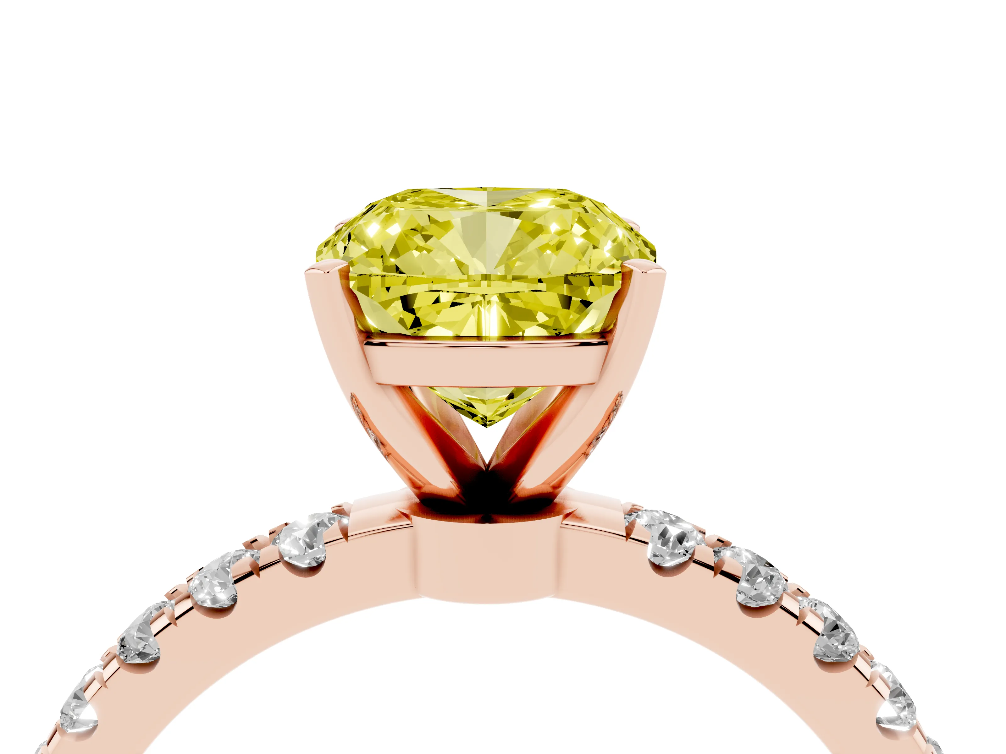 Fancy Yellow Cushion Cut Diamond Solitaire Ring Set in Rose gold with Pavé Accents and Prong Setting