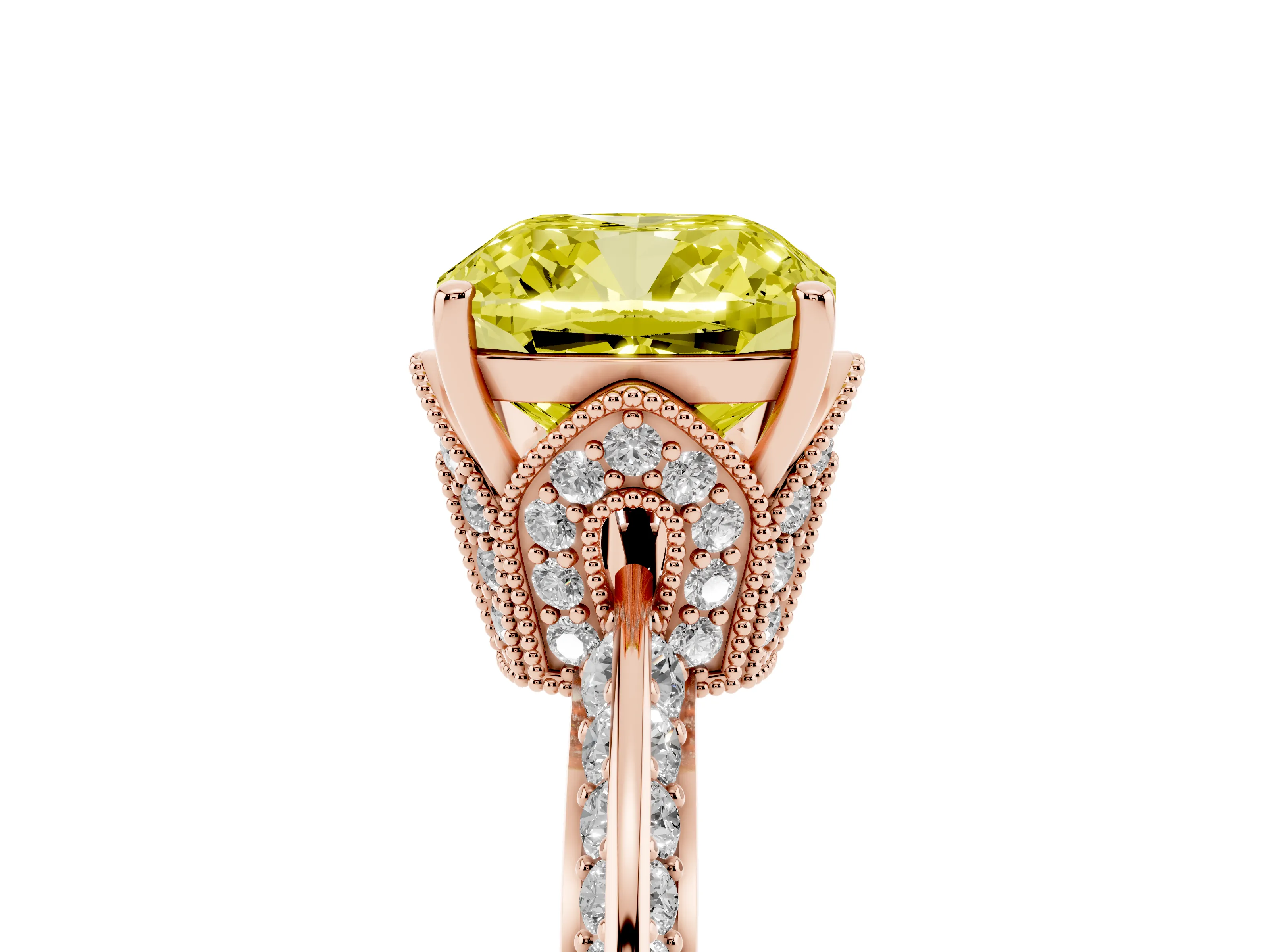 Fancy Yellow Cushion Cut Diamond Solitaire Engagement Ring Set in Rose gold with Pavé Split Shank and Prong Setting