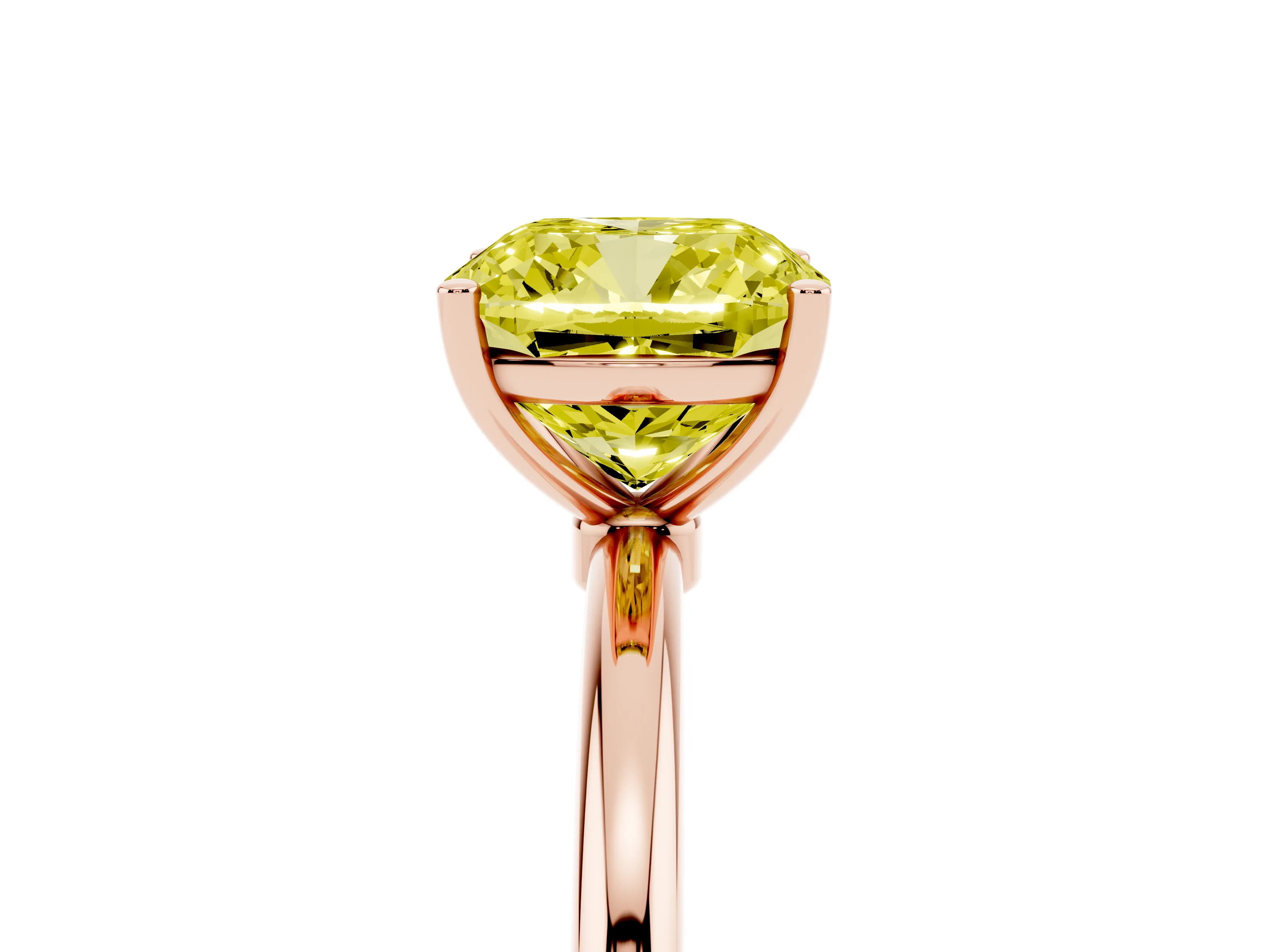 Fancy Yellow Cushion Cut Diamond Solitaire Engagement Ring Set in Rose gold with Thin Band and Prong Setting