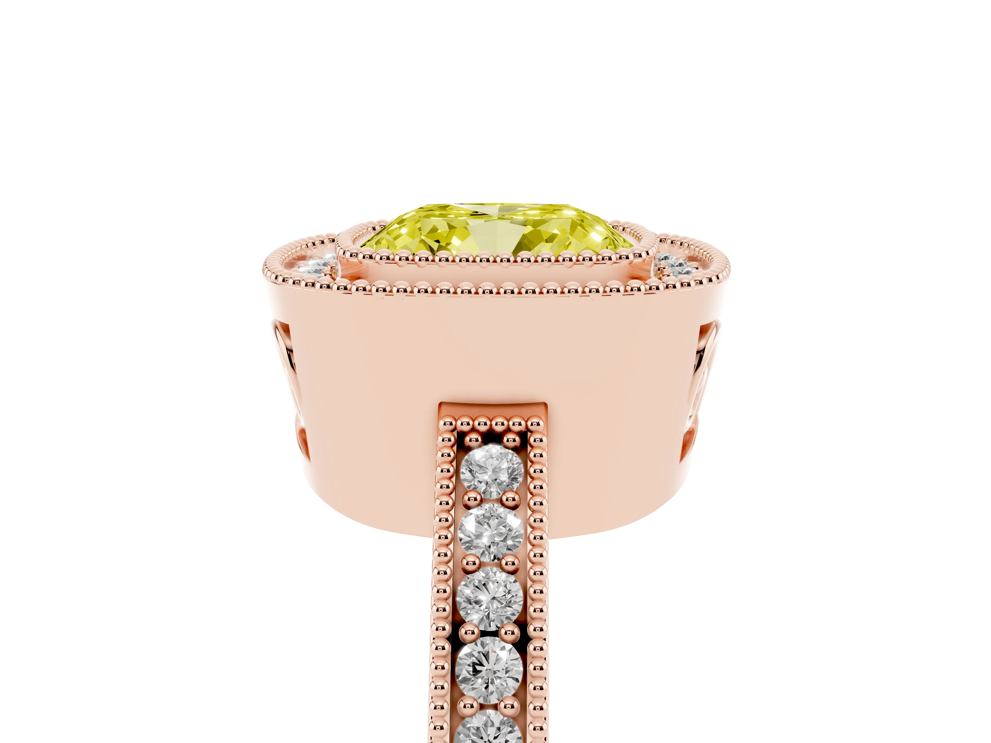 Fancy Yellow Cushion Cut Diamond Round Halo Ring Set in Rose gold with Pavé Band