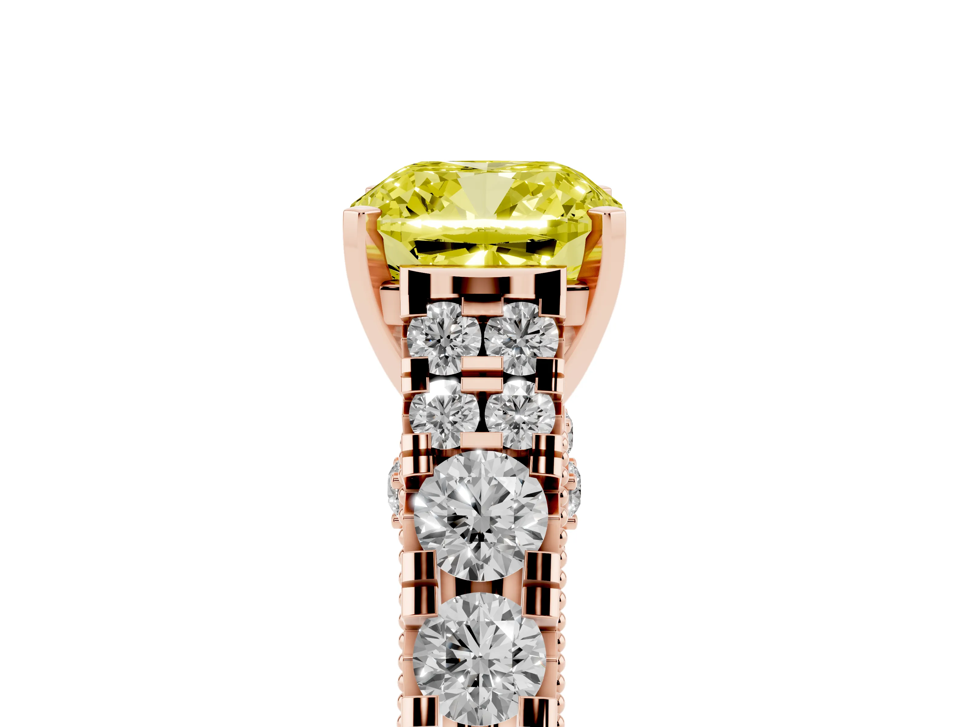 Fancy Yellow Cushion Cut Diamond Classic Solitaire Ring Set in Rose gold with Pavé Band and Prong Setting