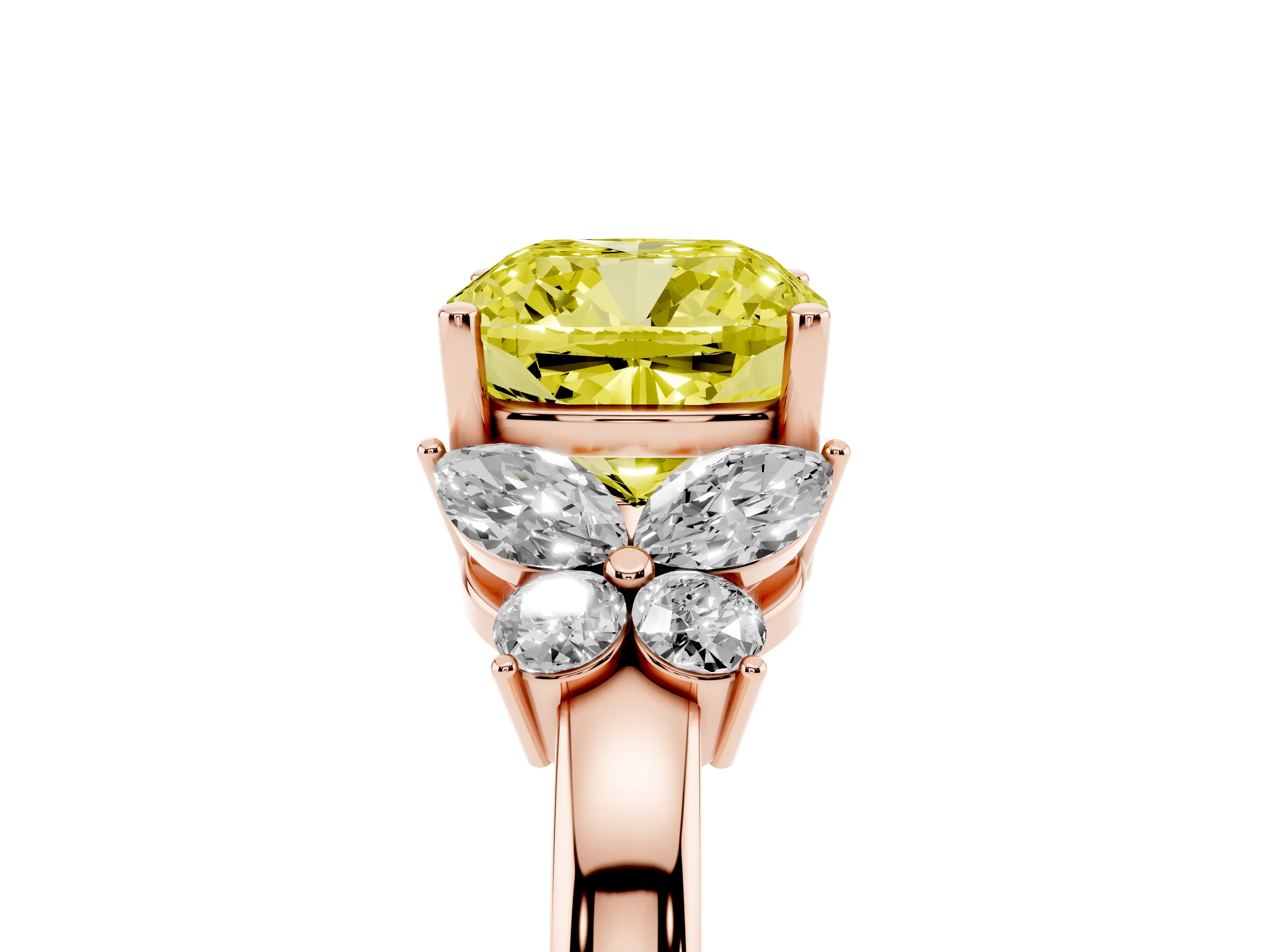 Fancy Yellow Cushion Cut Diamond Solitaire Floral Ring Set in Rose gold with Marquise Petals and Prong Setting