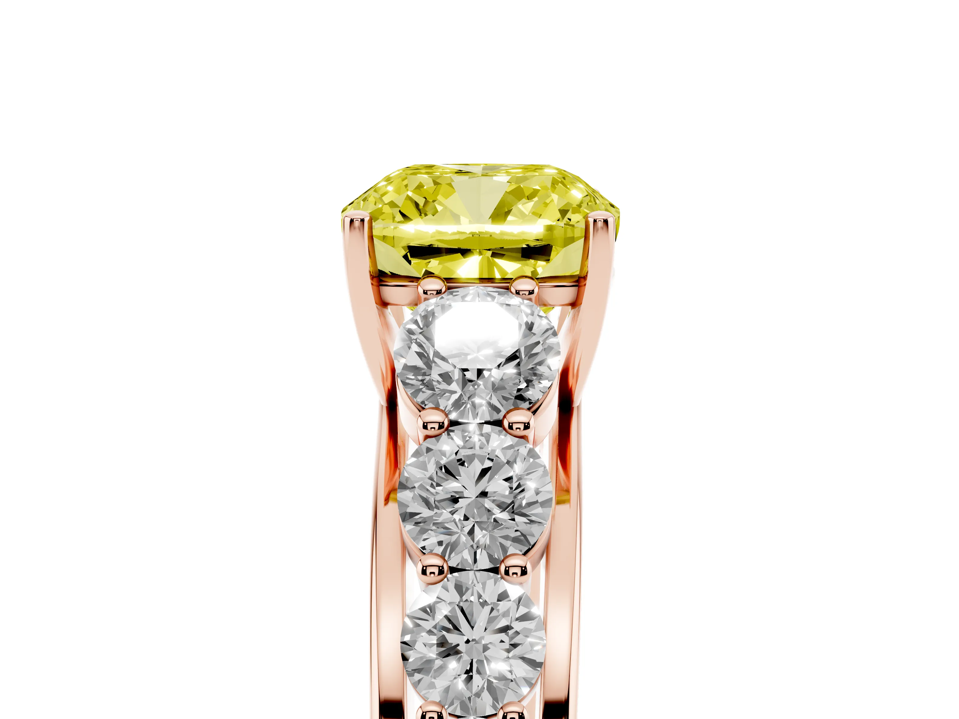 Fancy Yellow Cushion Cut Diamond Solitaire Ring Set in Rose gold with Pavé-Set Band and Prong Setting