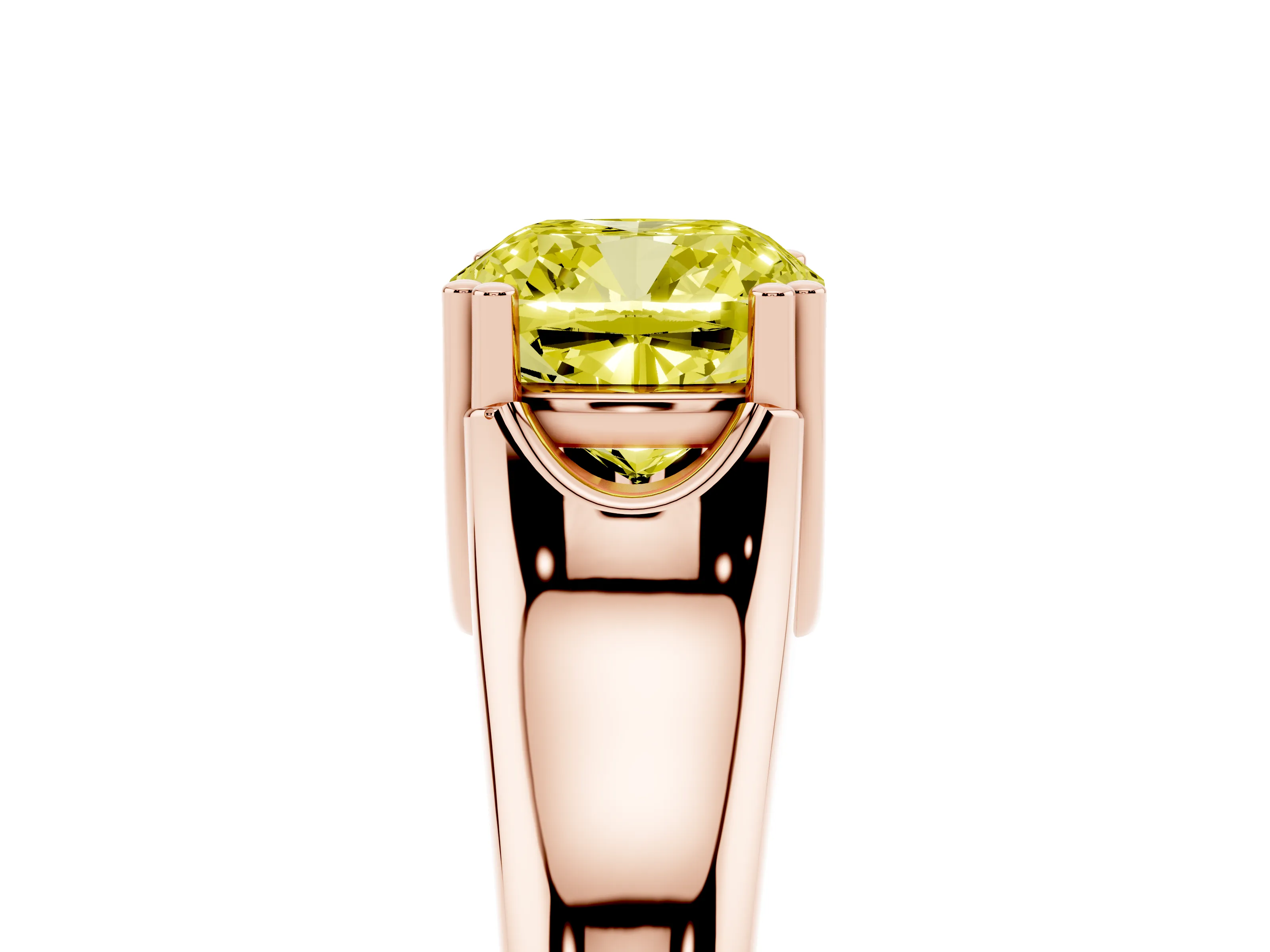 Fancy Yellow Cushion Cut Diamond Solitaire Ring Set in Rose gold with Wide Band and Prong Setting