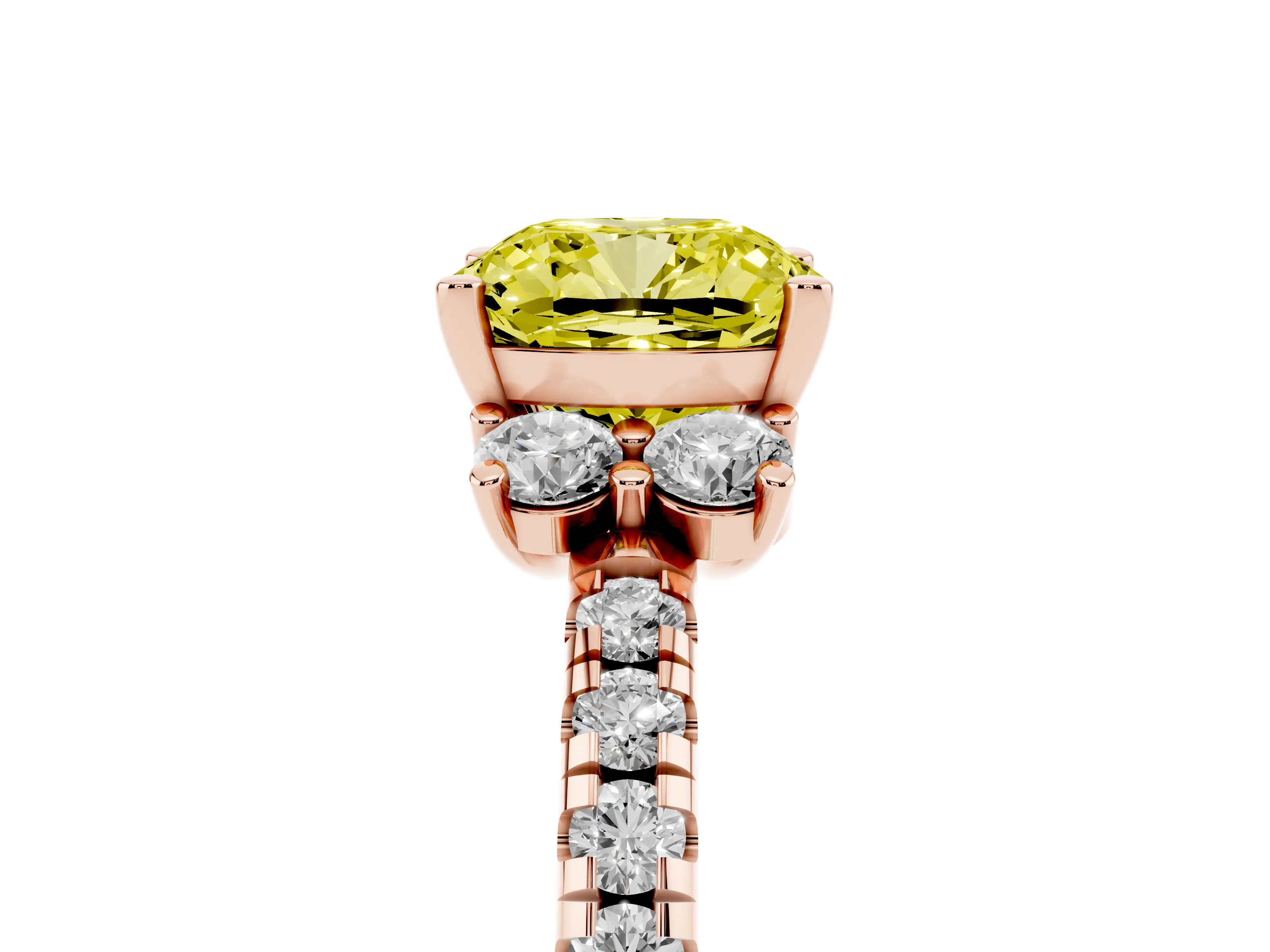 Fancy Yellow Cushion Cut Diamond Three-Stone Pavé Ring Set in Rose gold with Prong Setting