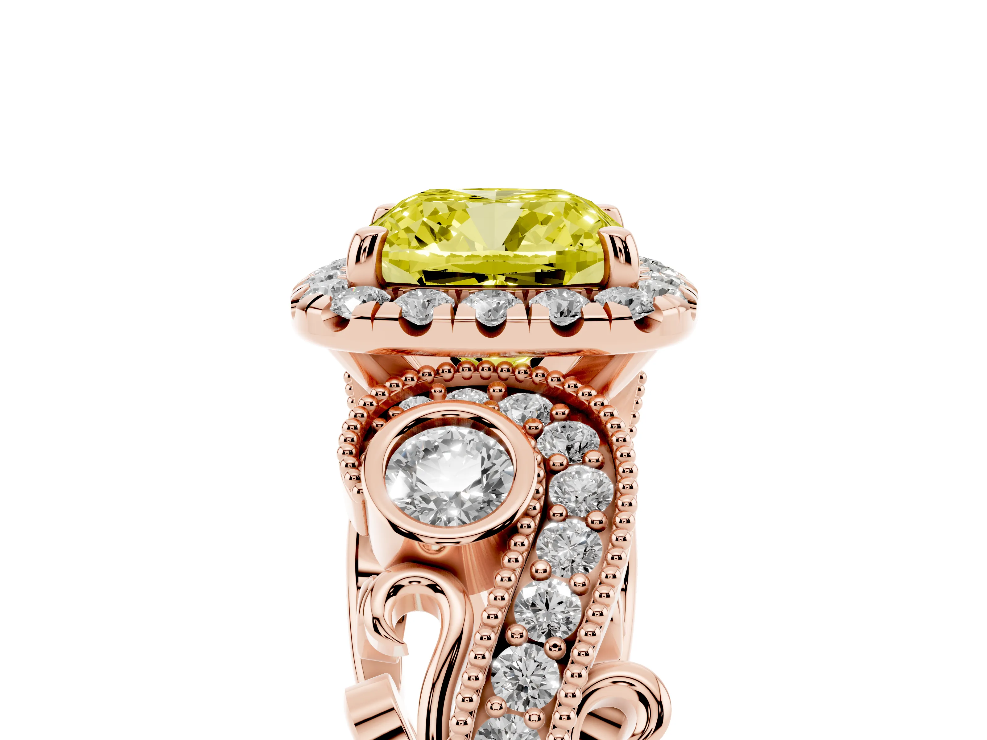 Fancy Yellow Cushion Cut Diamond Halo Ring Set in Rose gold with Milgrain Pavé Band and Prong Setting