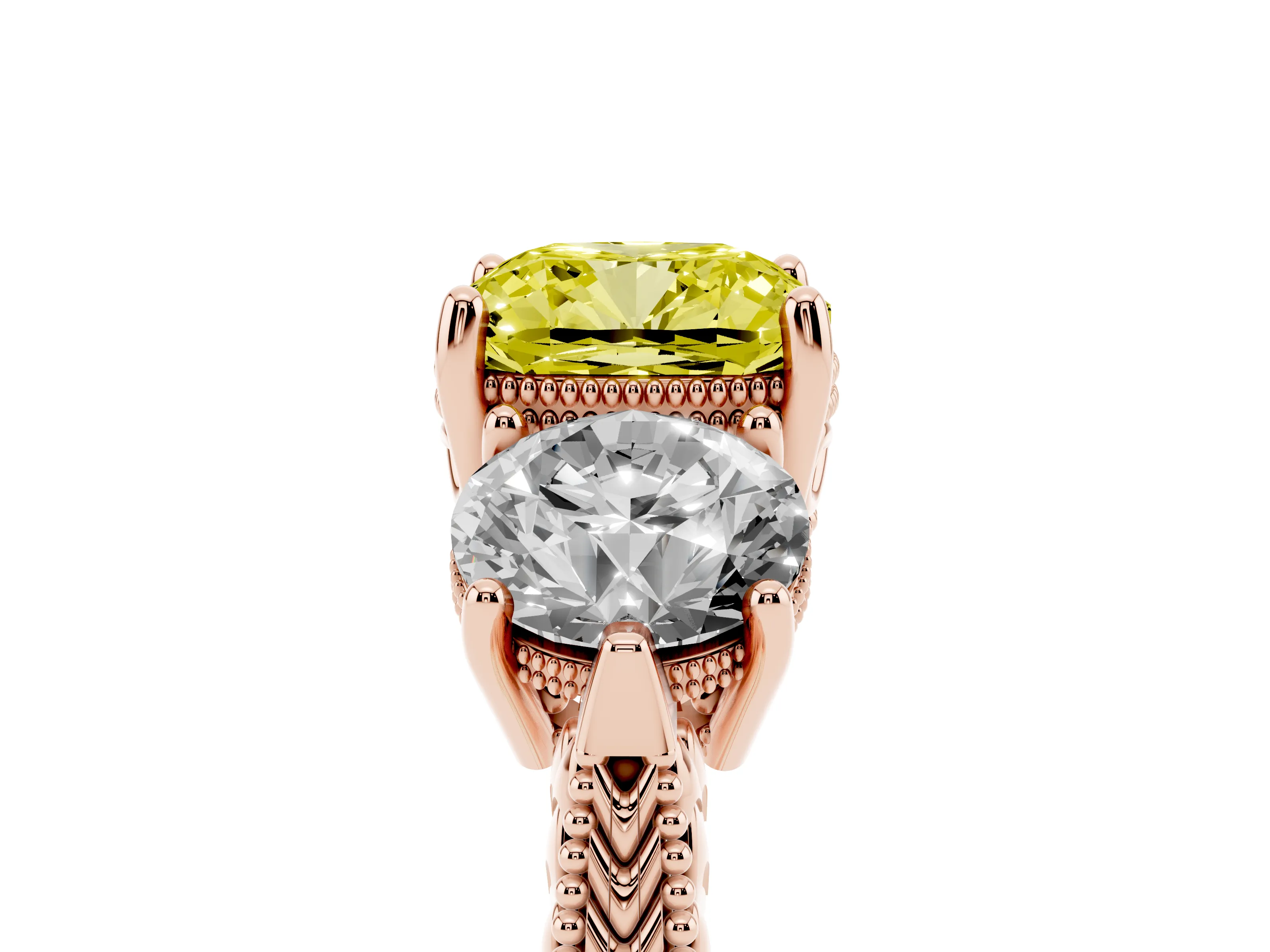 Fancy Yellow Cushion Cut Diamond Three-Stone Ring Set in Rose gold with Milgrain Band